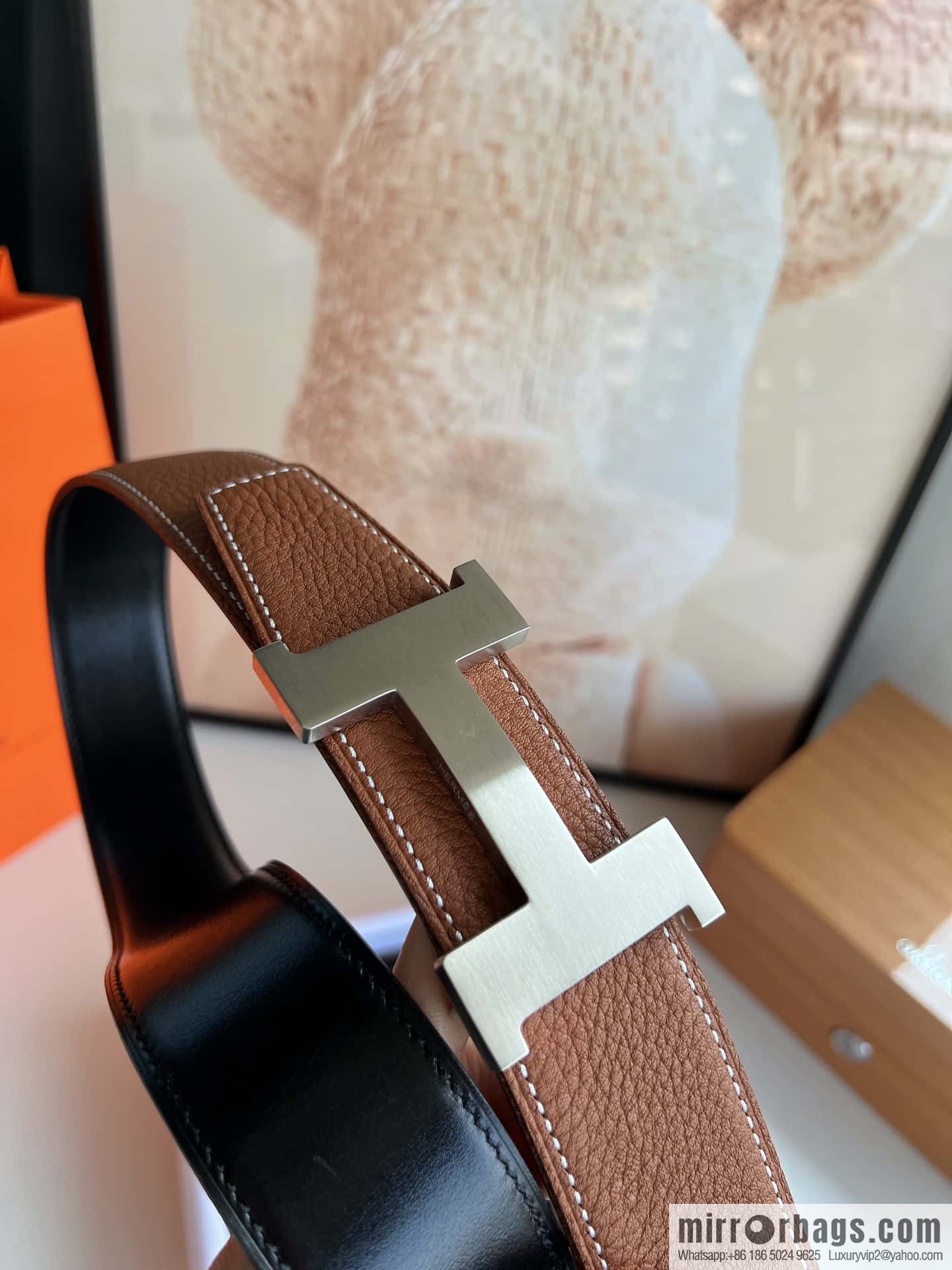 HERMES H solder joint four-corner metal buckle, men's double-sided leather belt 38mm
