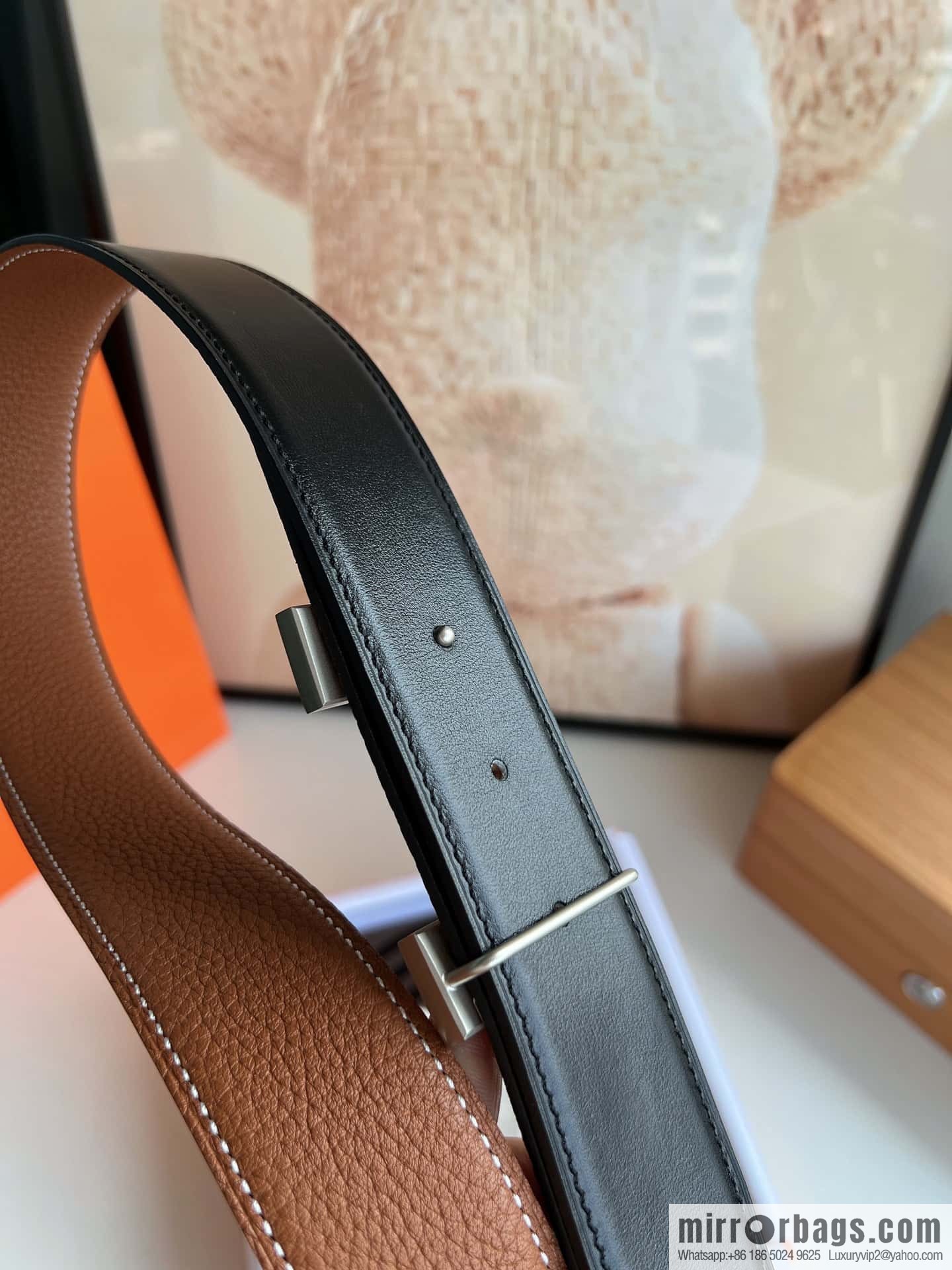 HERMES H solder joint four-corner metal buckle, men's double-sided leather belt 38mm