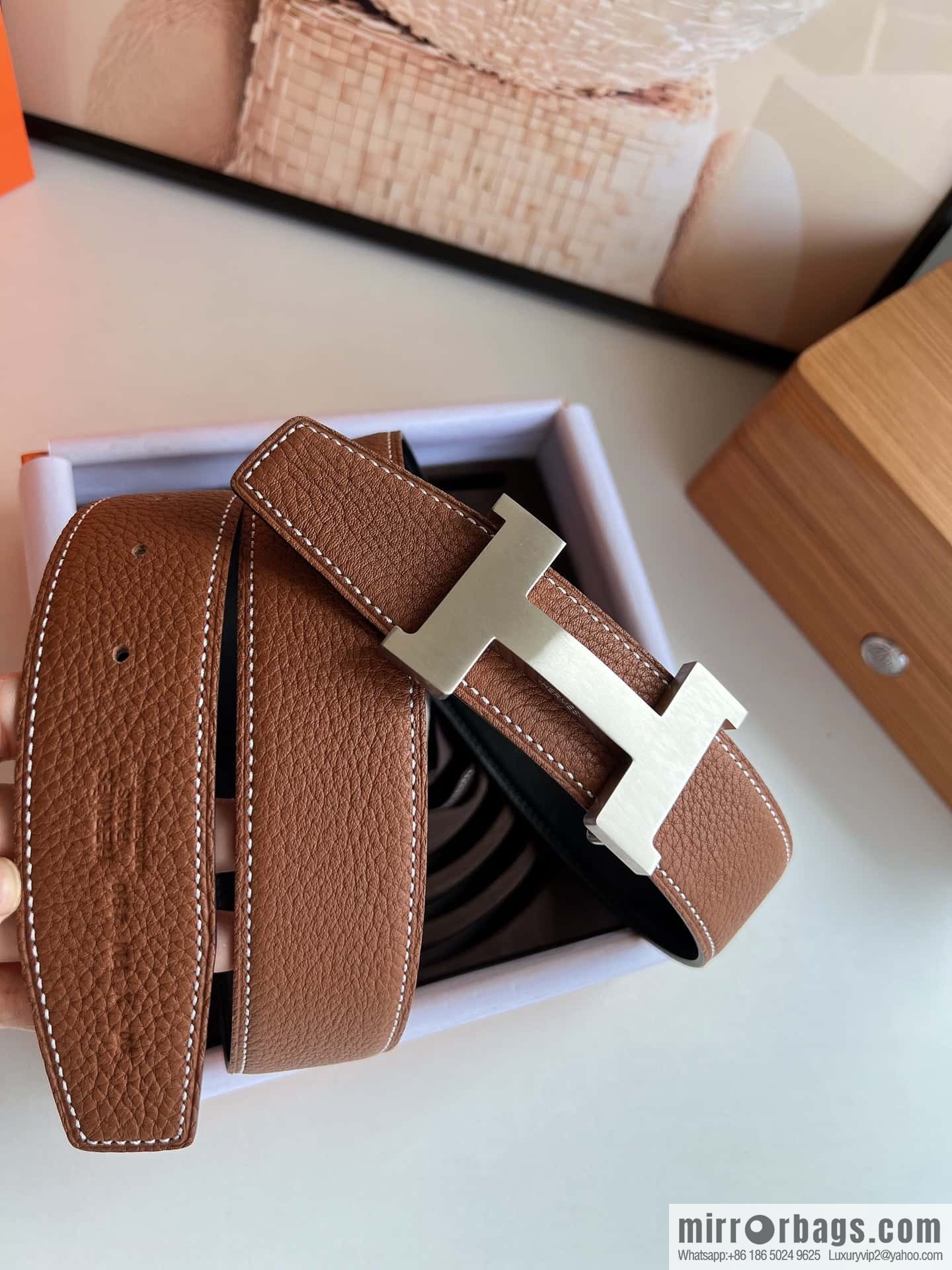 HERMES H solder joint four-corner metal buckle, men's double-sided leather belt 38mm