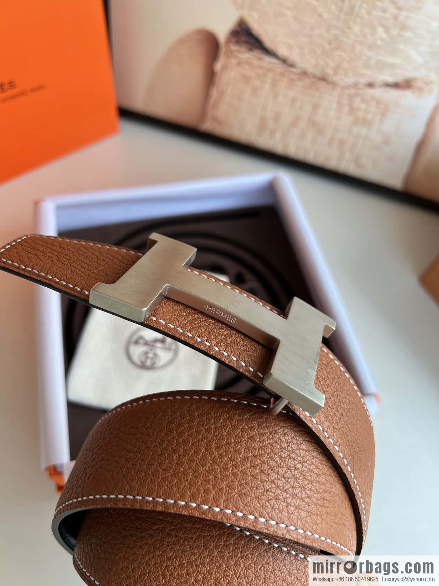 HERMES H solder joint four-corner metal buckle, men's double-sided leather belt 38mm