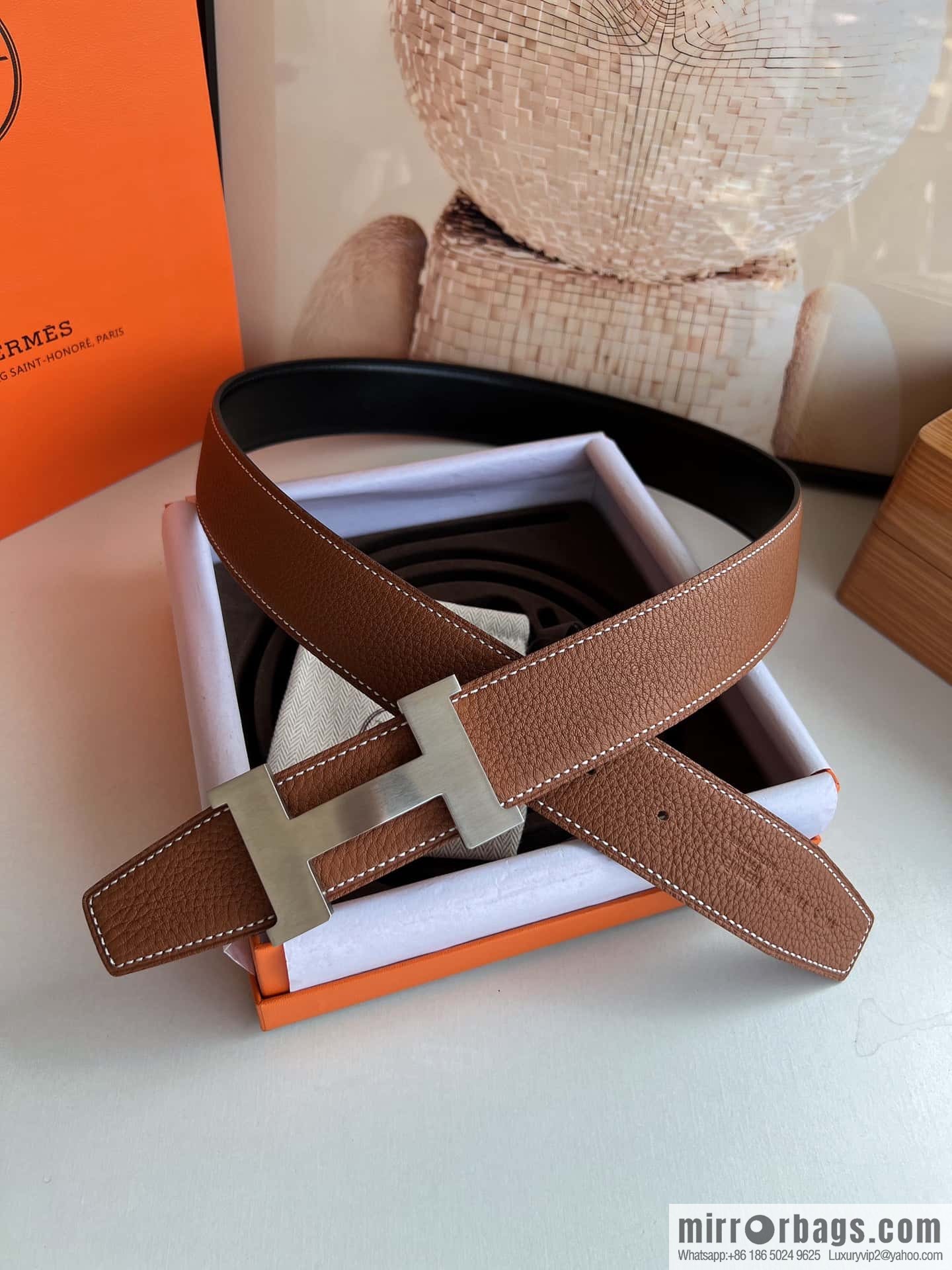 HERMES H solder joint four-corner metal buckle, men's double-sided leather belt 38mm