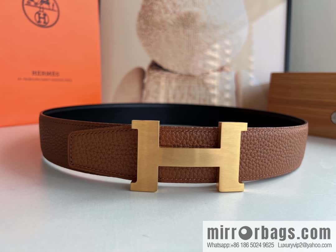 HERMES H solder joint four-corner metal buckle, men's double-sided leather belt 38mm