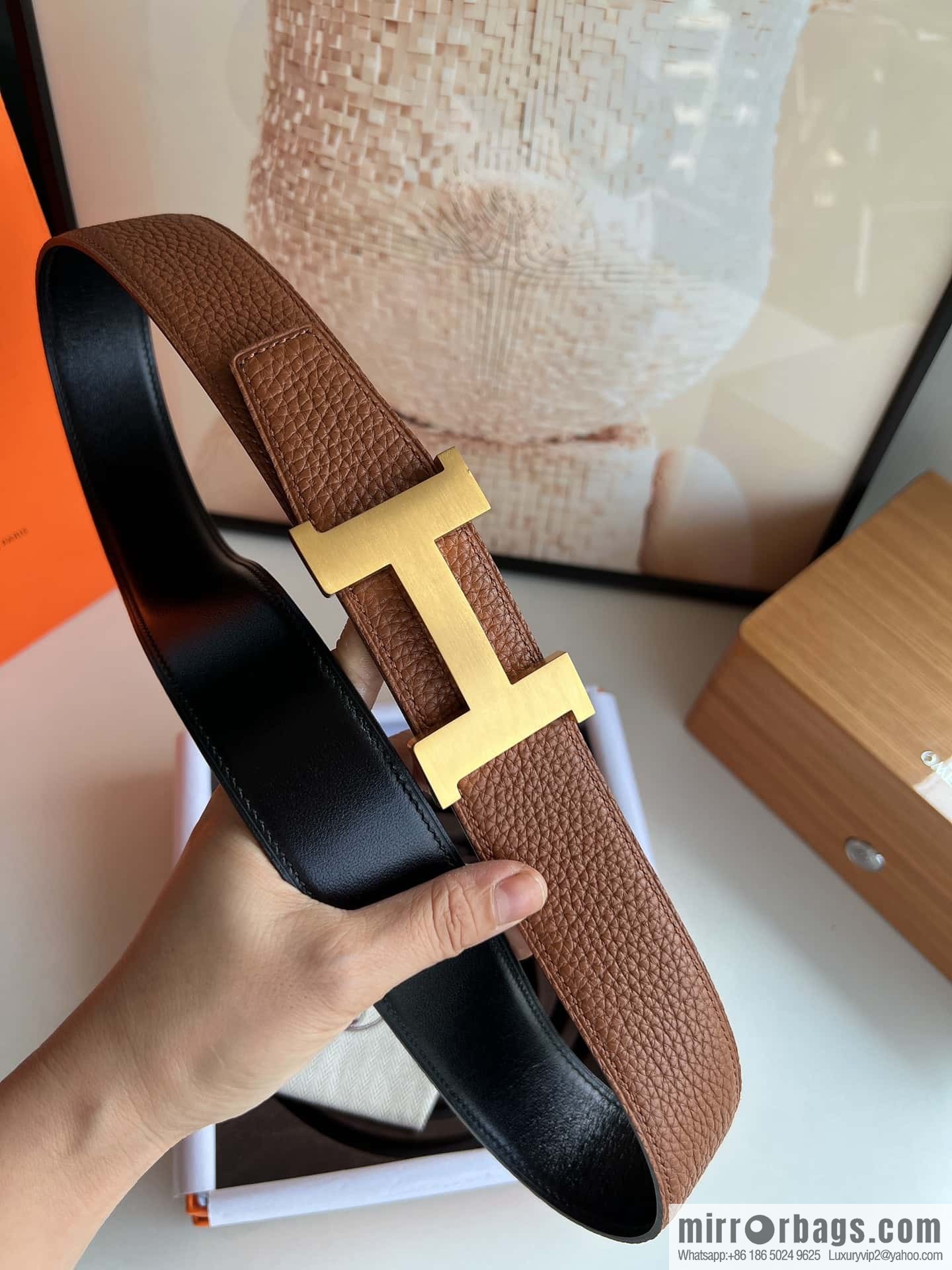 HERMES H solder joint four-corner metal buckle, men's double-sided leather belt 38mm