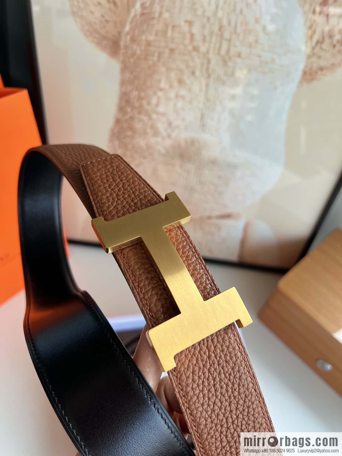 HERMES H solder joint four-corner metal buckle, men's double-sided leather belt 38mm