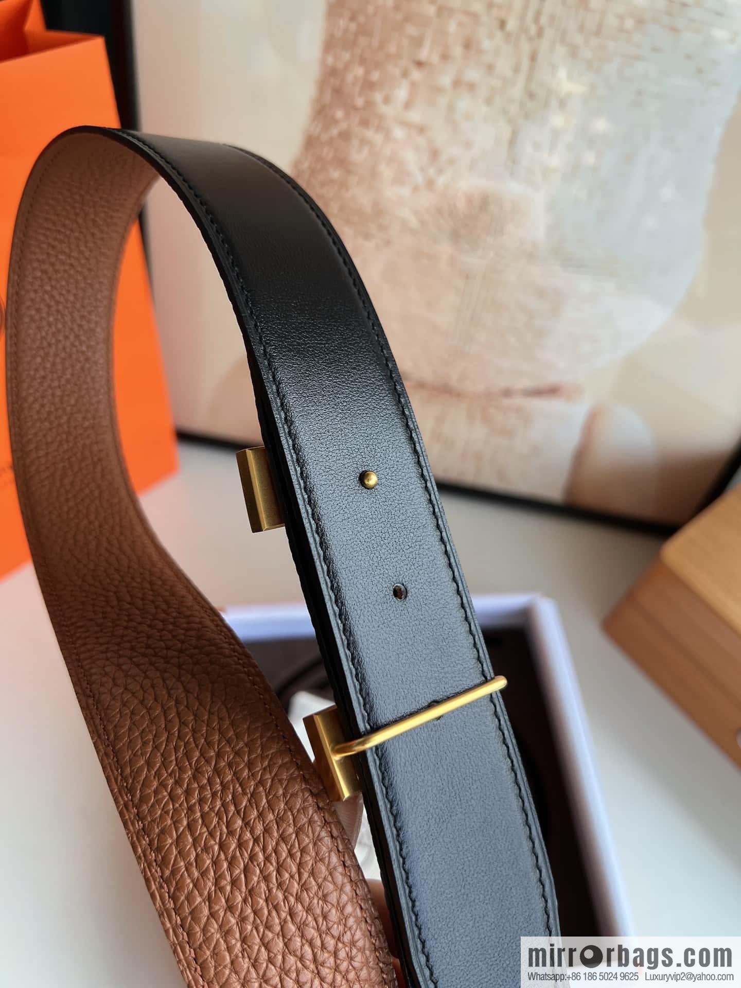 HERMES H solder joint four-corner metal buckle, men's double-sided leather belt 38mm