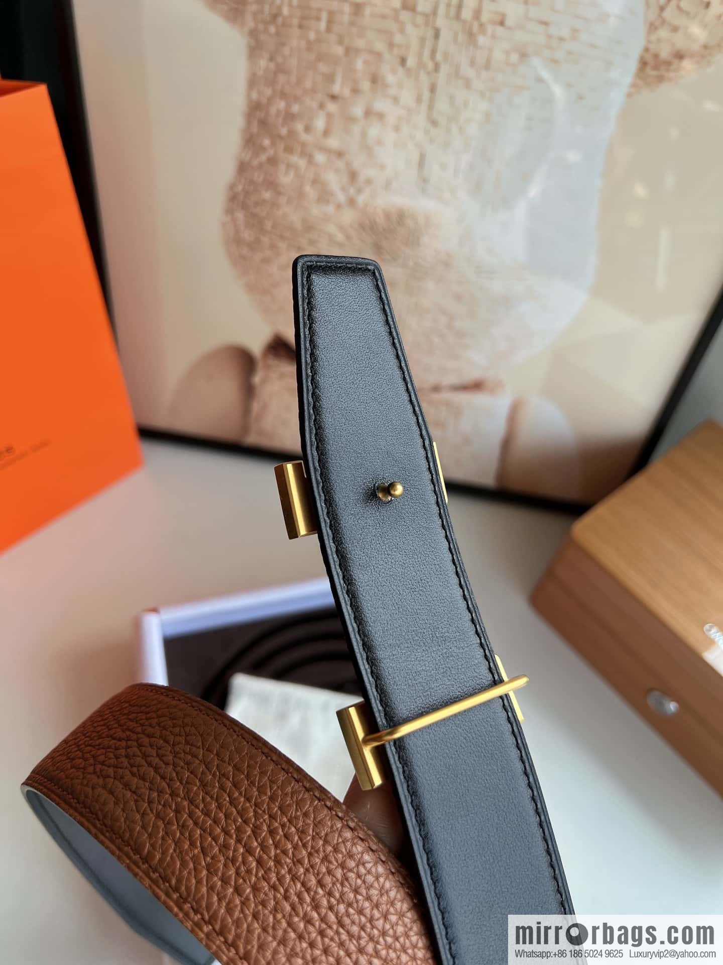 HERMES H solder joint four-corner metal buckle, men's double-sided leather belt 38mm