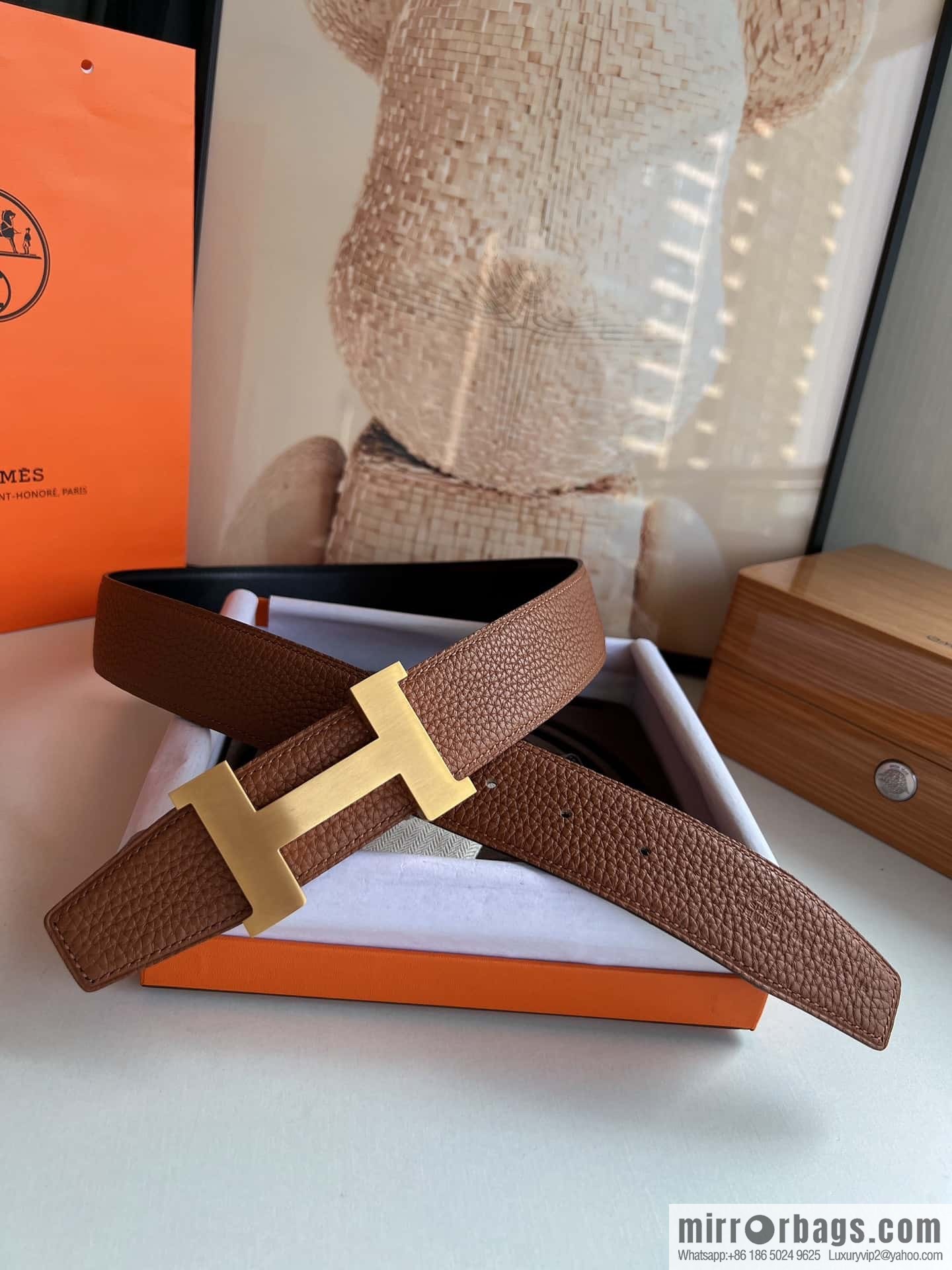 HERMES H solder joint four-corner metal buckle, men's double-sided leather belt 38mm