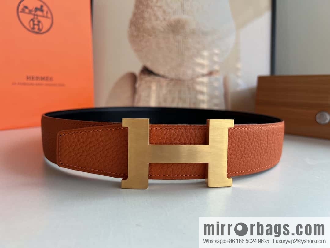 HERMES H solder joint four-corner metal buckle, men's double-sided leather belt 38mm