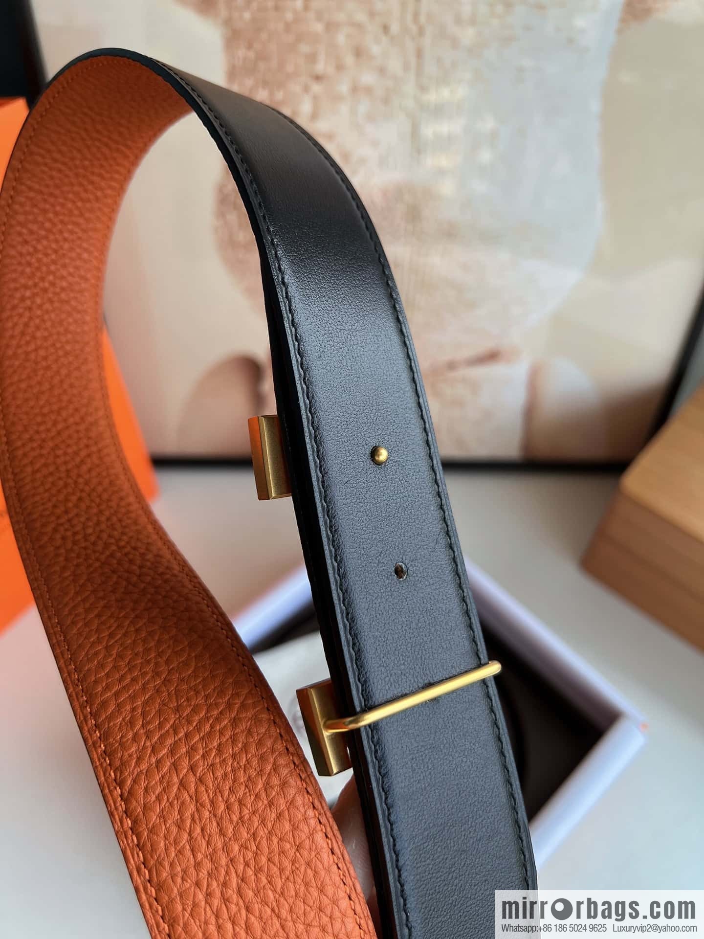 HERMES H solder joint four-corner metal buckle, men's double-sided leather belt 38mm