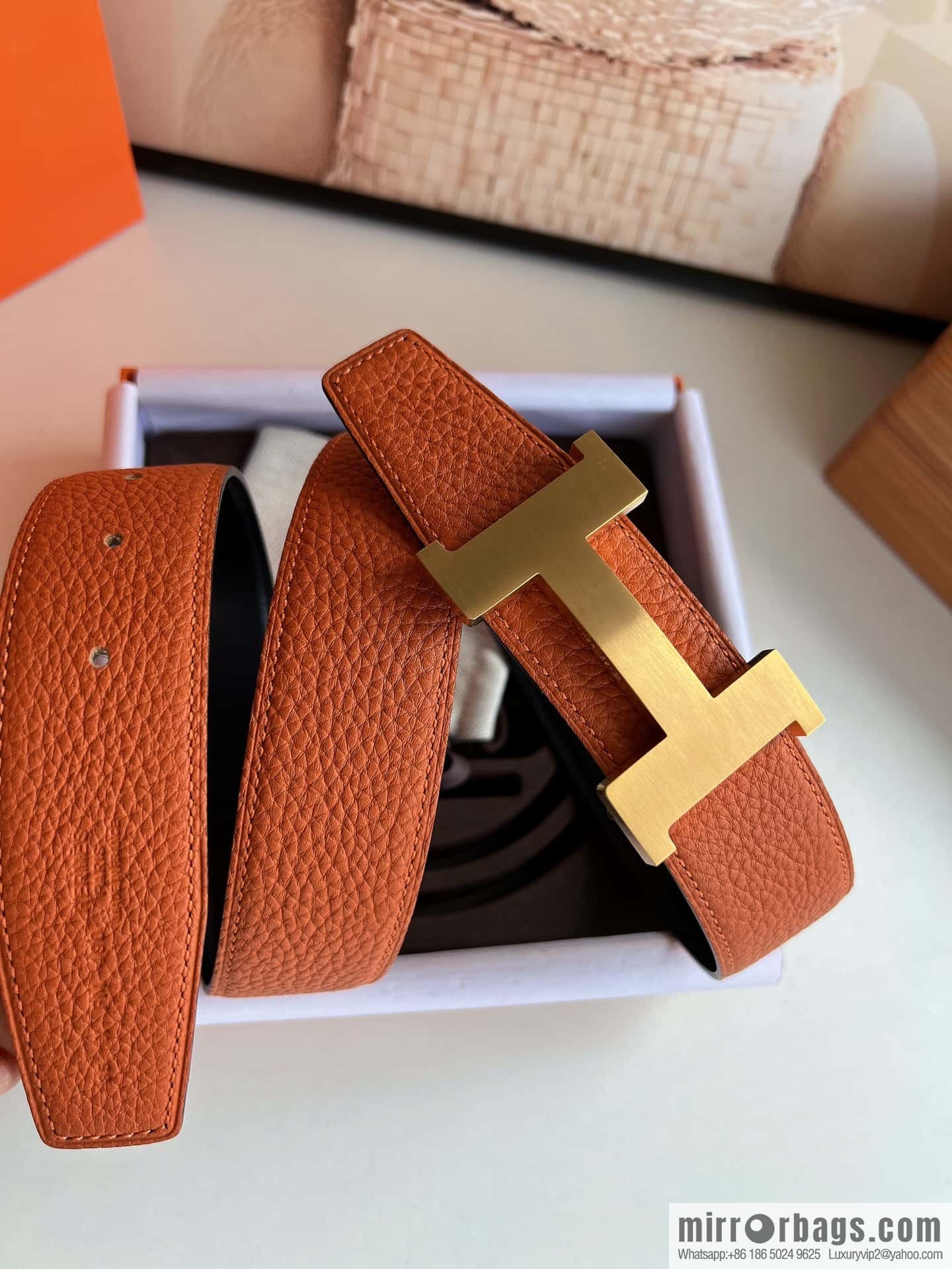 HERMES H solder joint four-corner metal buckle, men's double-sided leather belt 38mm