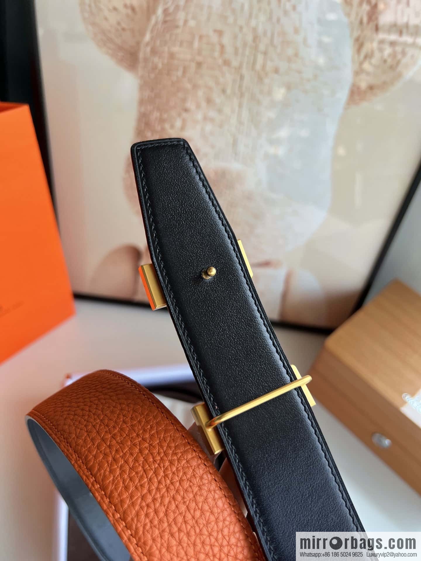 HERMES H solder joint four-corner metal buckle, men's double-sided leather belt 38mm