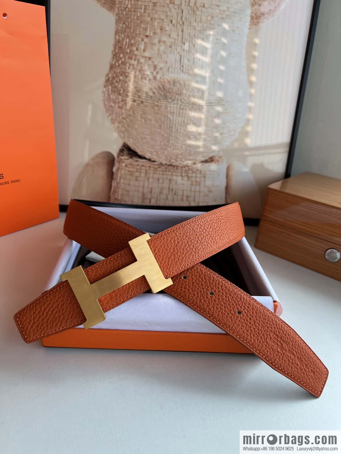 HERMES H solder joint four-corner metal buckle, men's double-sided leather belt 38mm