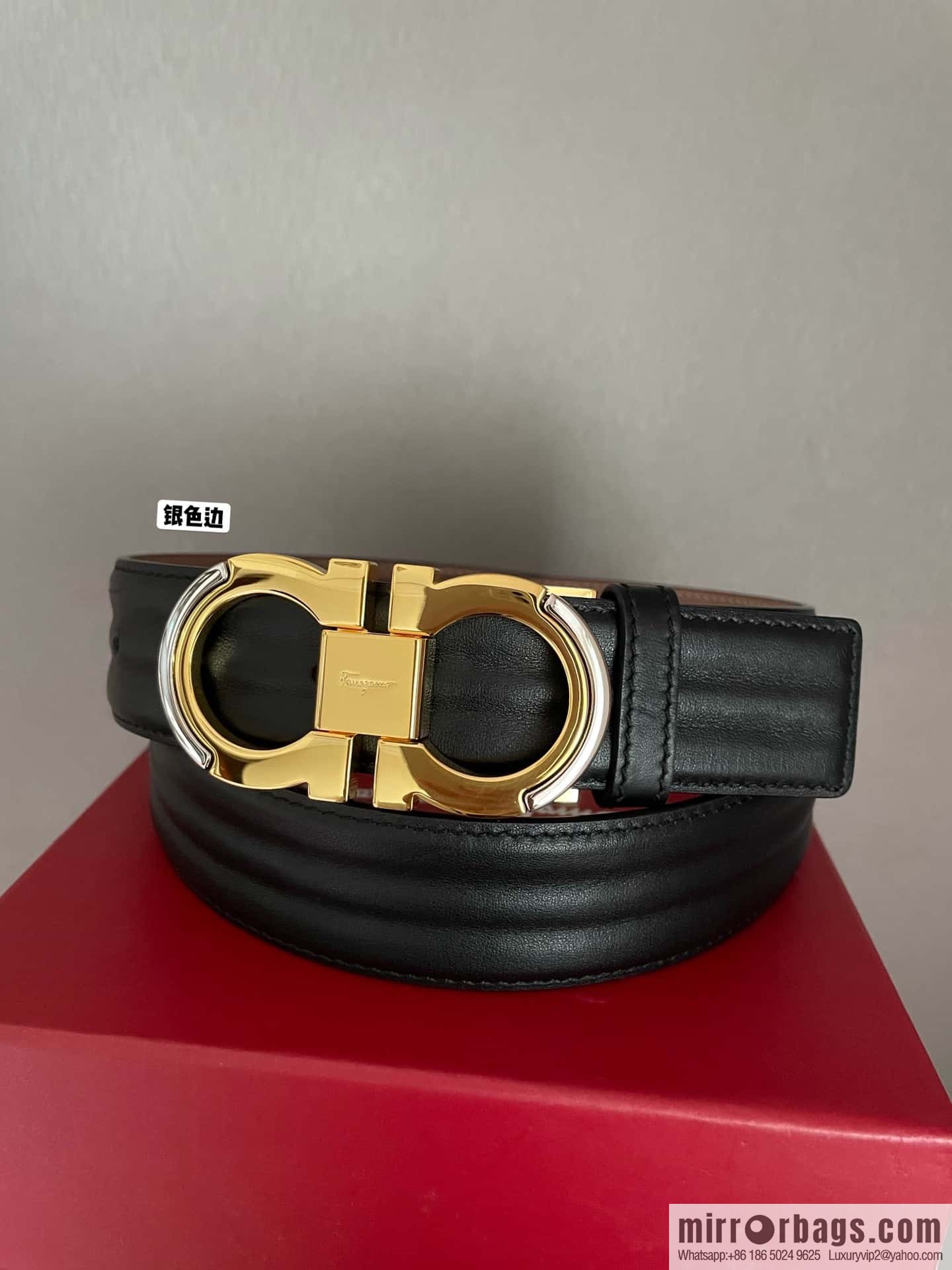 Ferragamo Ferragamo Gancio Double Circle Intertone Edge Metal Clip Buckle, First Cowhide Belt 3.5cm