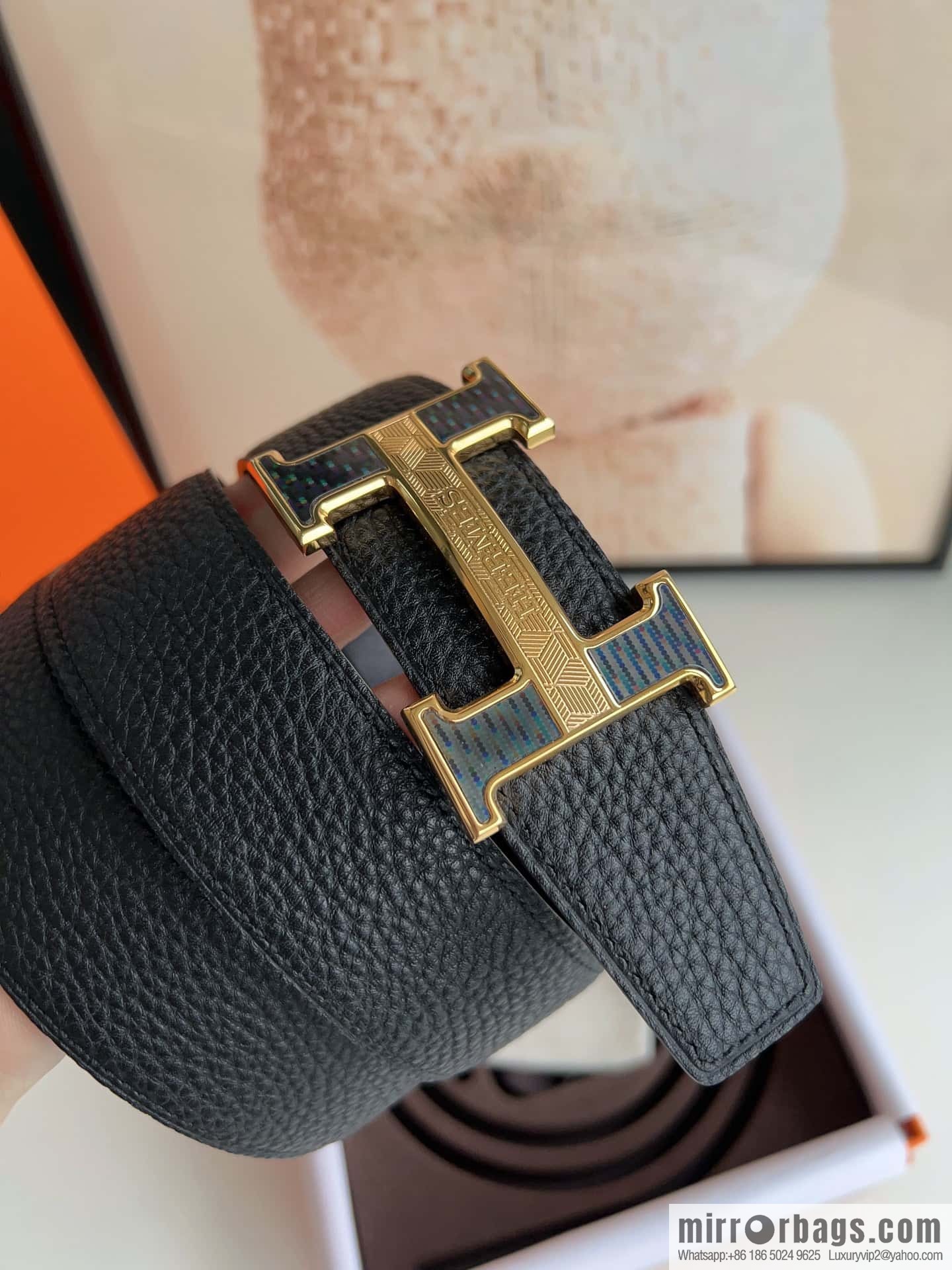 HERMES, stainless steel fiber sheet buckle, double-sided original leather lychee pattern belt 3.8cm