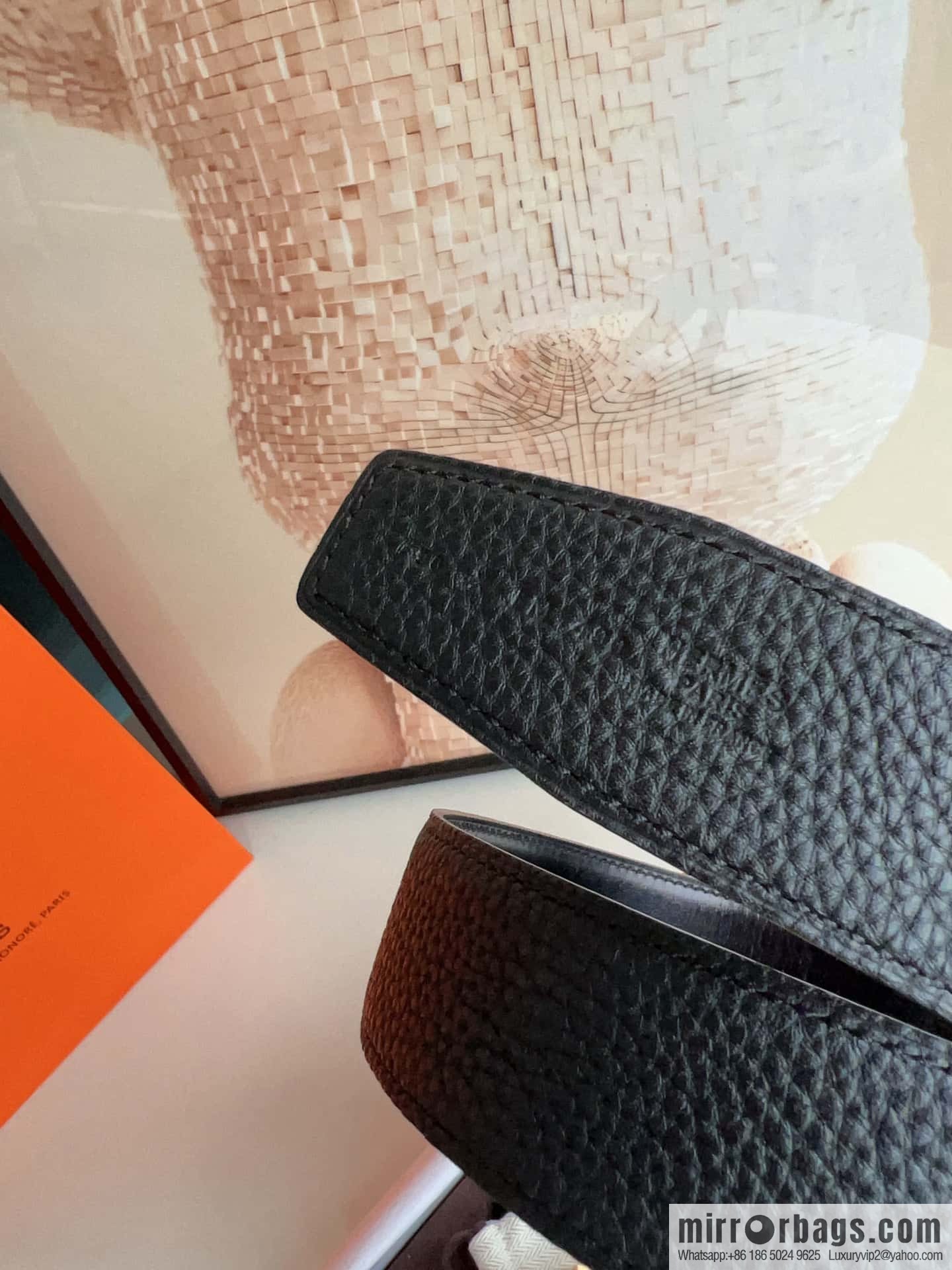 HERMES, stainless steel fiber sheet buckle, double-sided original leather lychee pattern belt 3.8cm