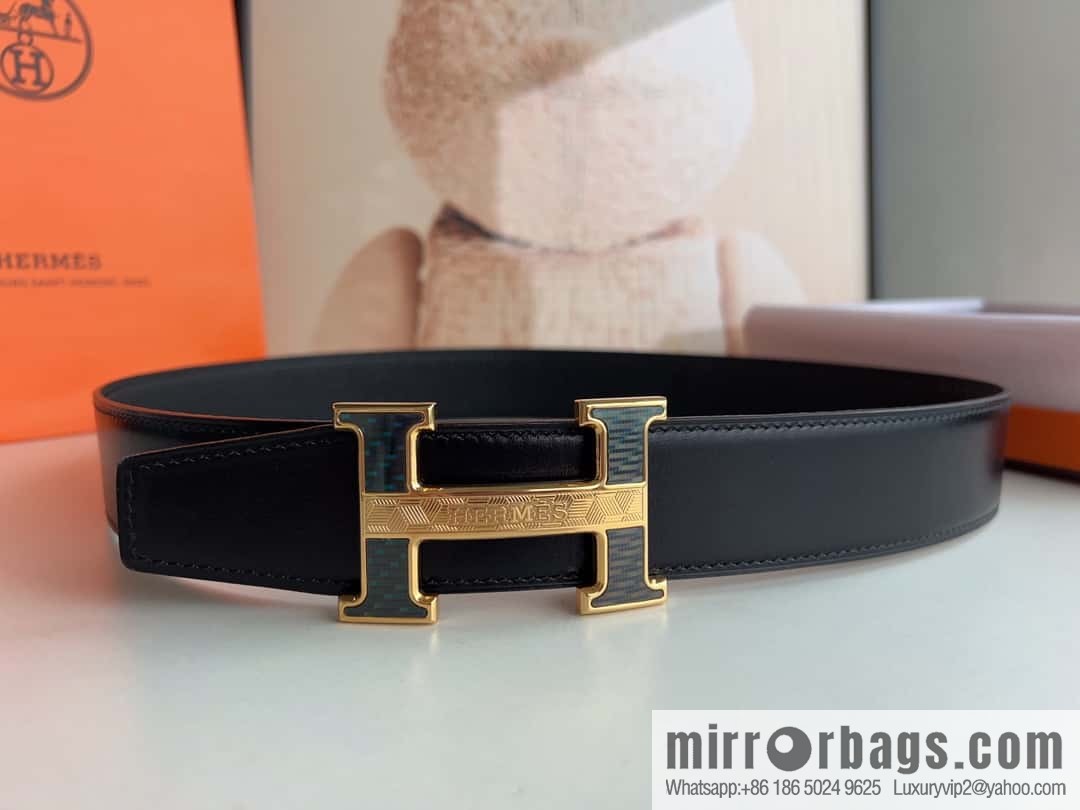 HERMES, stainless steel fiber sheet buckle, double-sided original leather lychee pattern belt 3.8cm