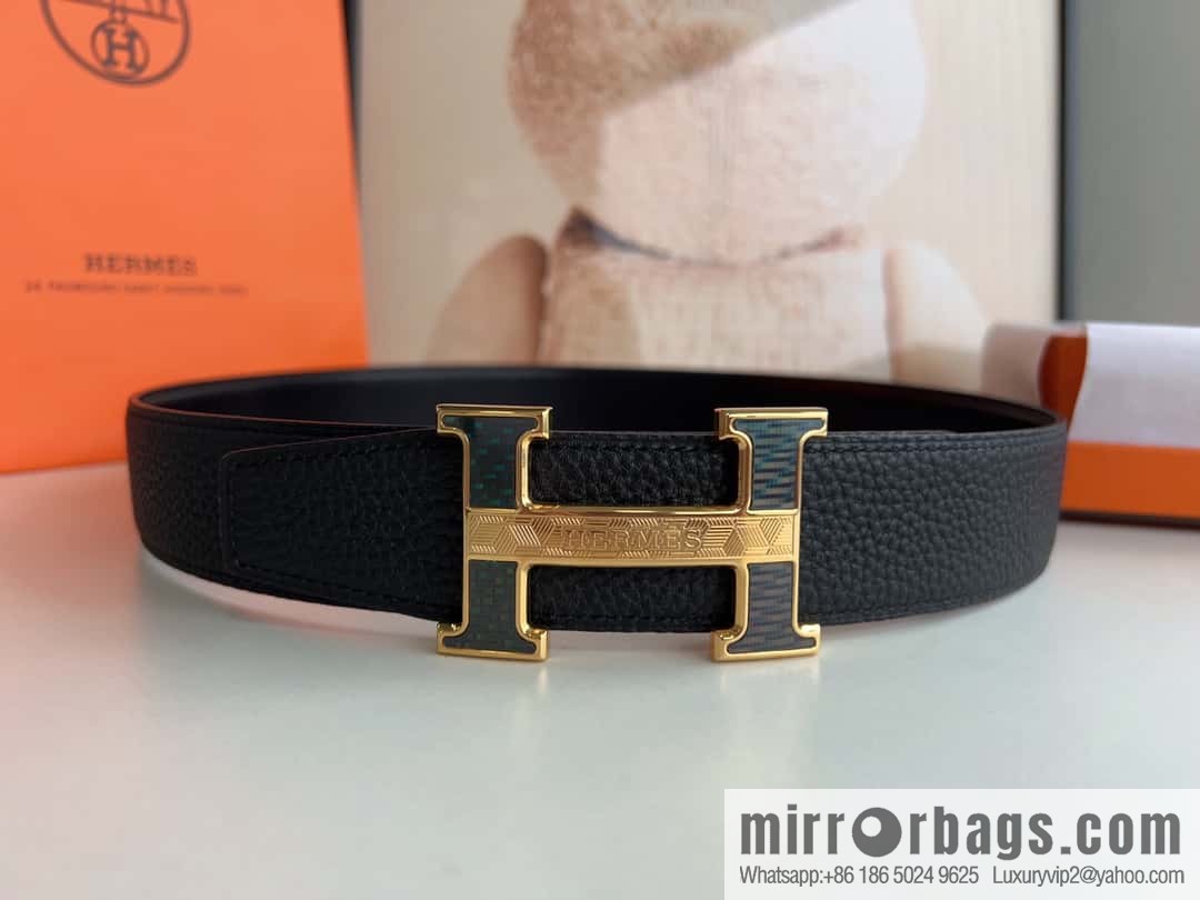HERMES, stainless steel fiber sheet buckle, double-sided original leather lychee pattern belt 3.8cm