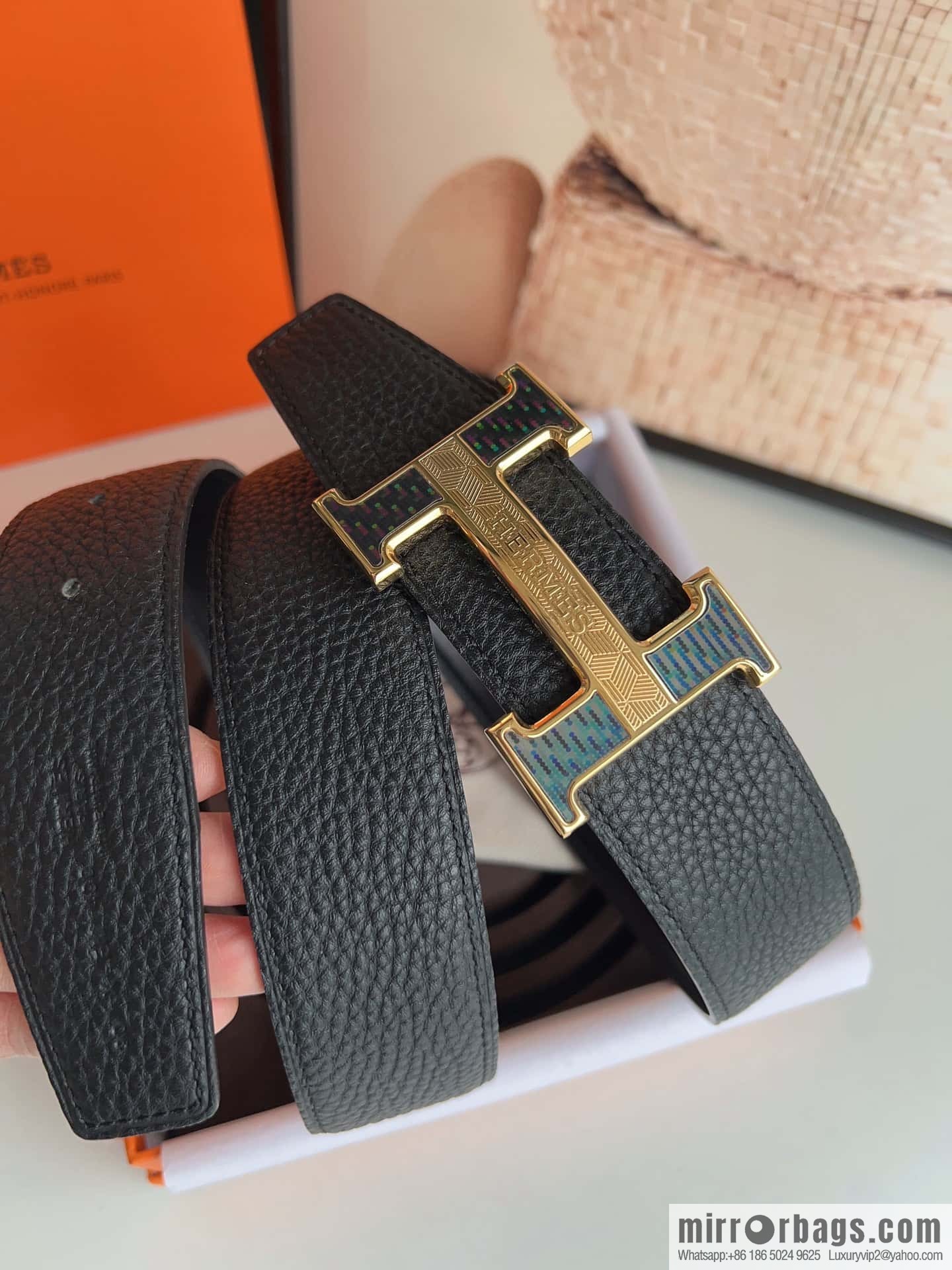 HERMES, stainless steel fiber sheet buckle, double-sided original leather lychee pattern belt 3.8cm