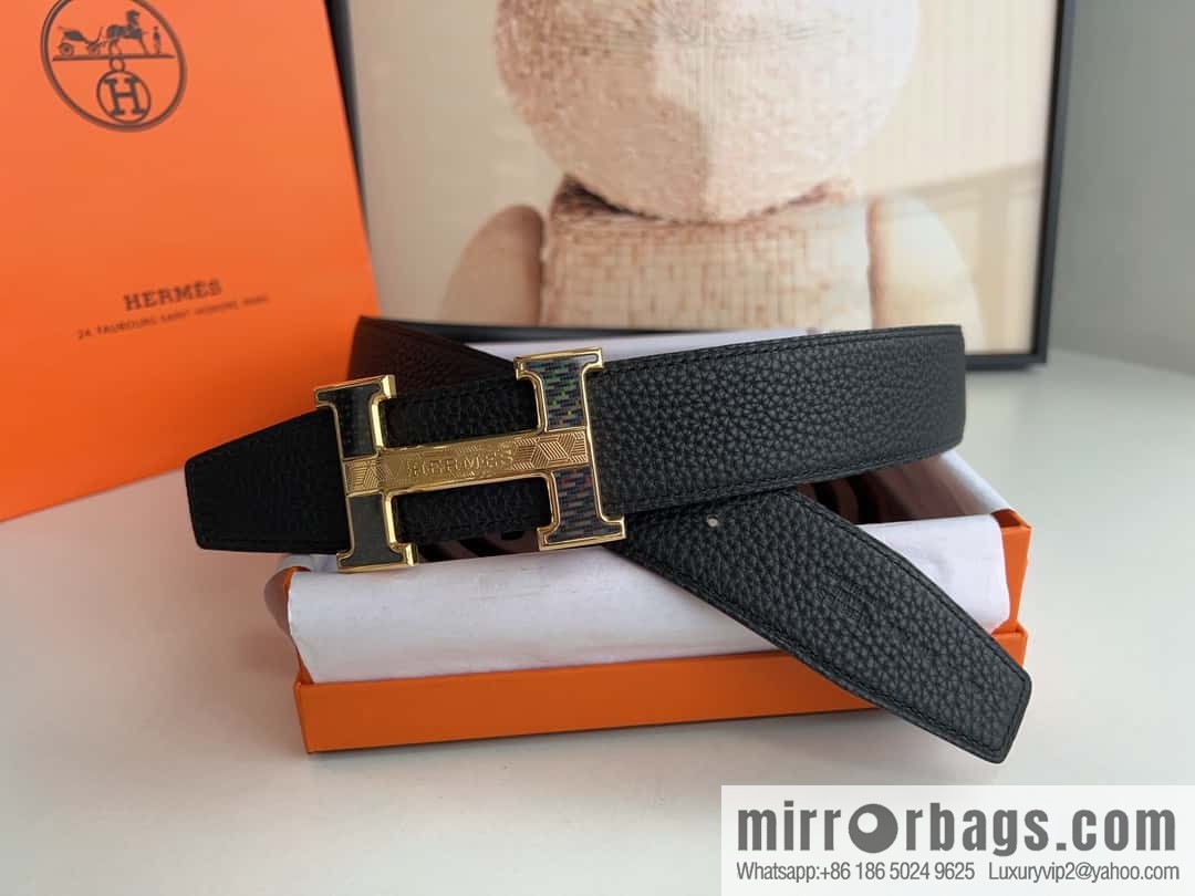 HERMES, stainless steel fiber sheet buckle, double-sided original leather lychee pattern belt 3.8cm
