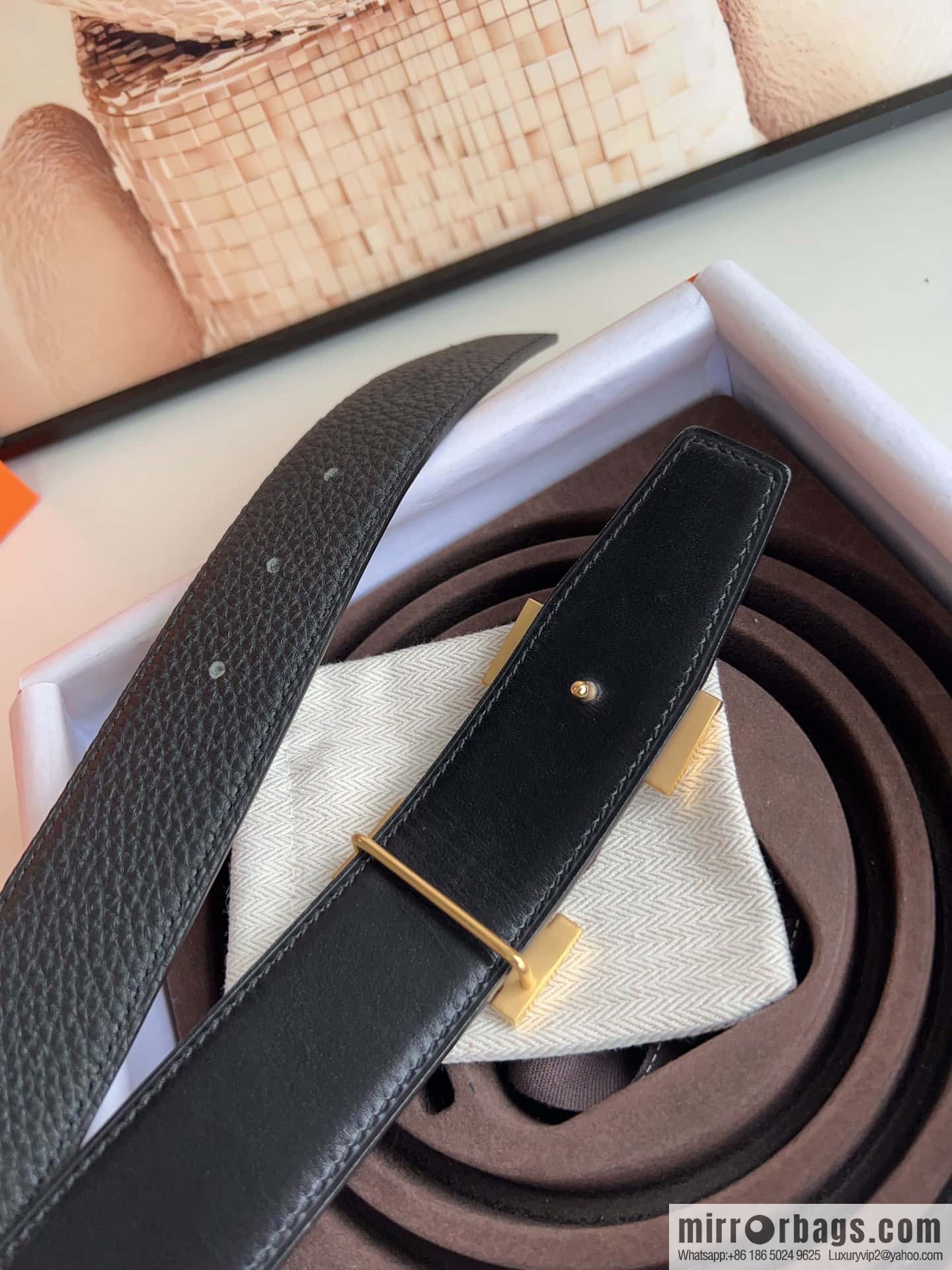 HERMES, stainless steel fiber sheet buckle, double-sided original leather lychee pattern belt 3.8cm