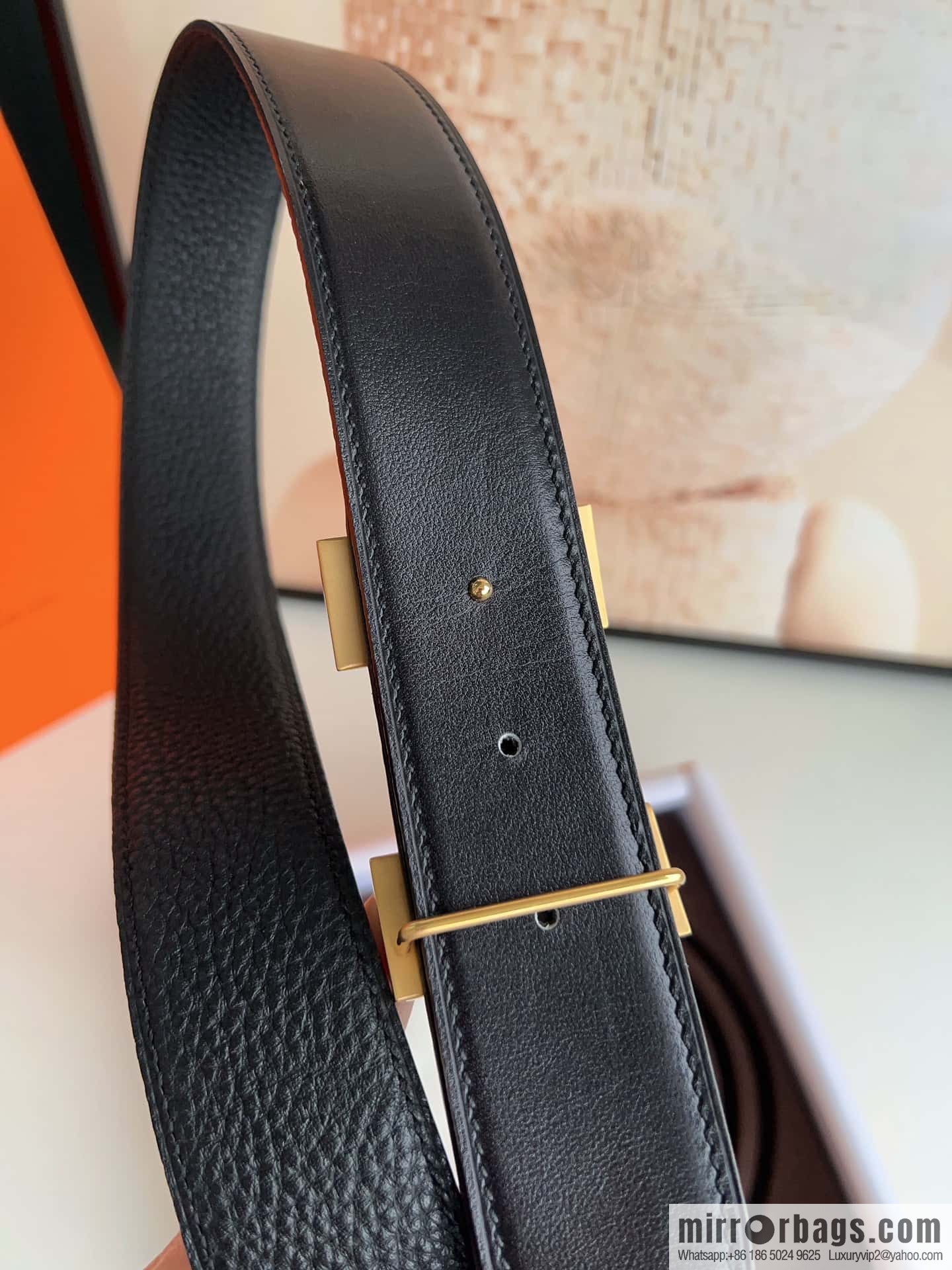 HERMES, stainless steel fiber sheet buckle, double-sided original leather lychee pattern belt 3.8cm