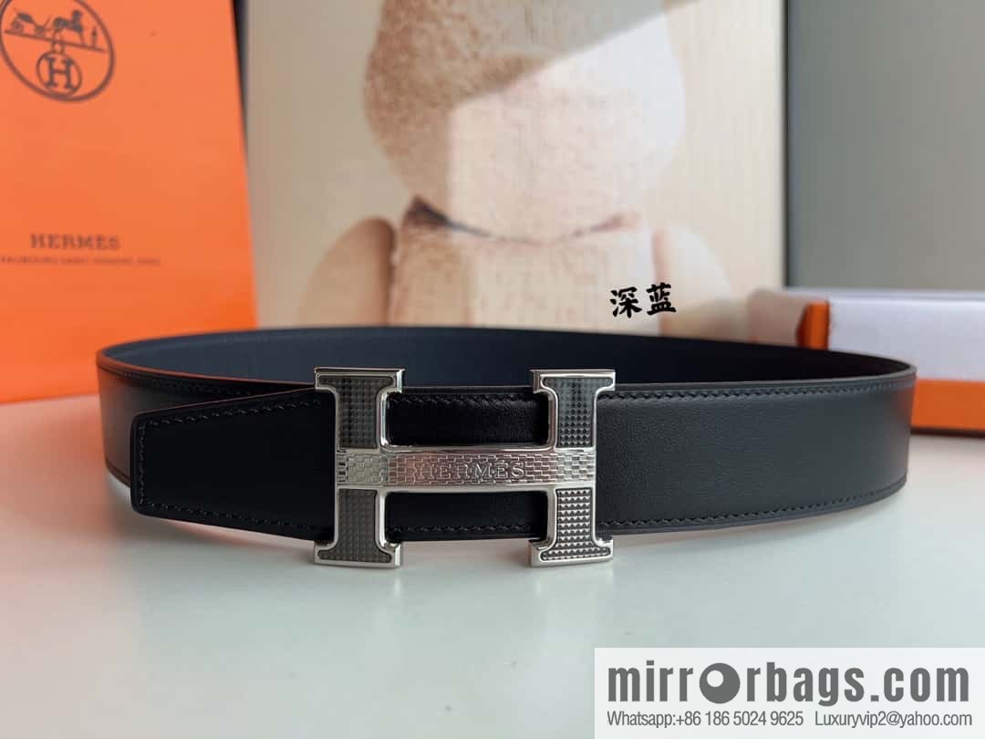 HERMES, stainless steel fiber sheet buckle, double-sided original leather lychee pattern belt 3.8cm