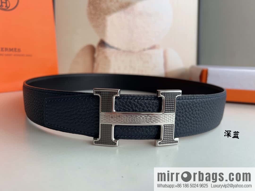 HERMES, stainless steel fiber sheet buckle, double-sided original leather lychee pattern belt 3.8cm