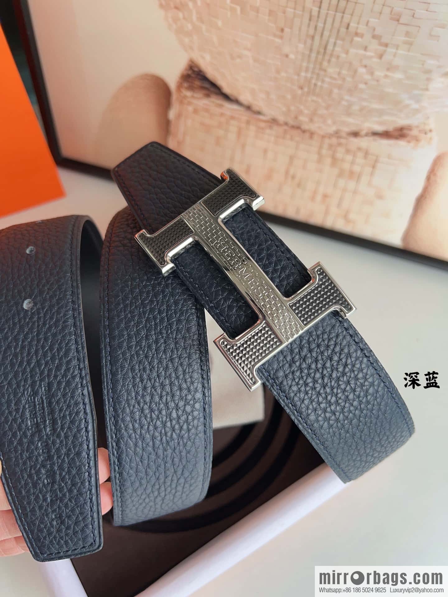 HERMES, stainless steel fiber sheet buckle, double-sided original leather lychee pattern belt 3.8cm