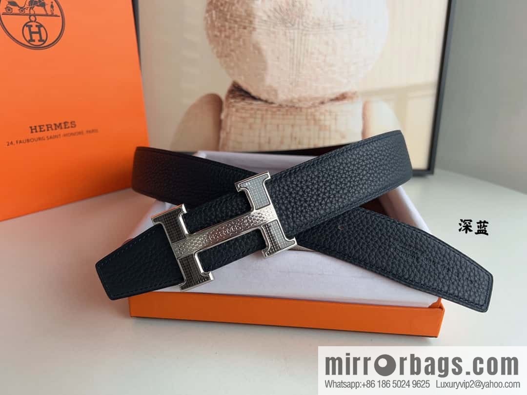 HERMES, stainless steel fiber sheet buckle, double-sided original leather lychee pattern belt 3.8cm