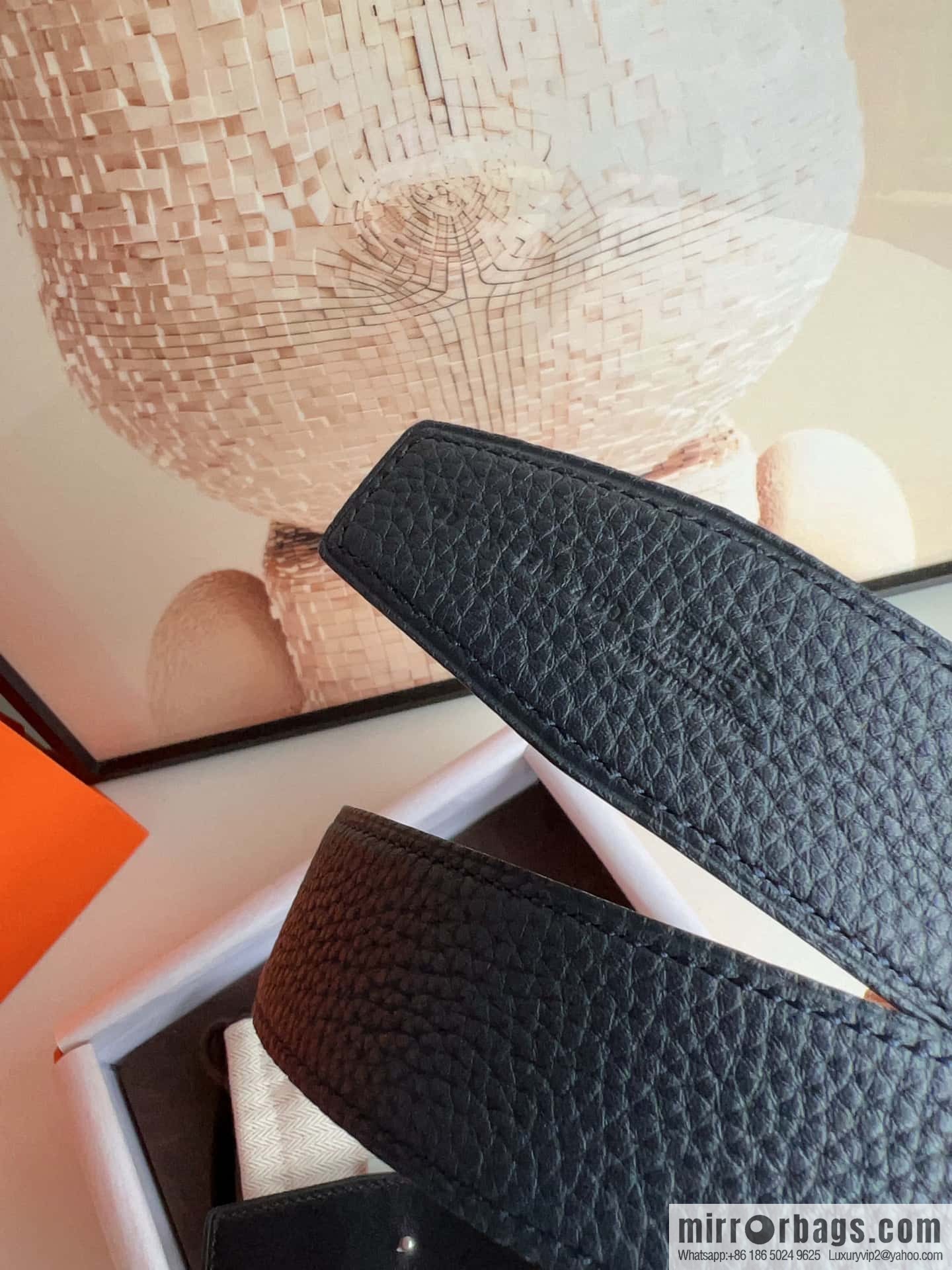 HERMES, stainless steel fiber sheet buckle, double-sided original leather lychee pattern belt 3.8cm