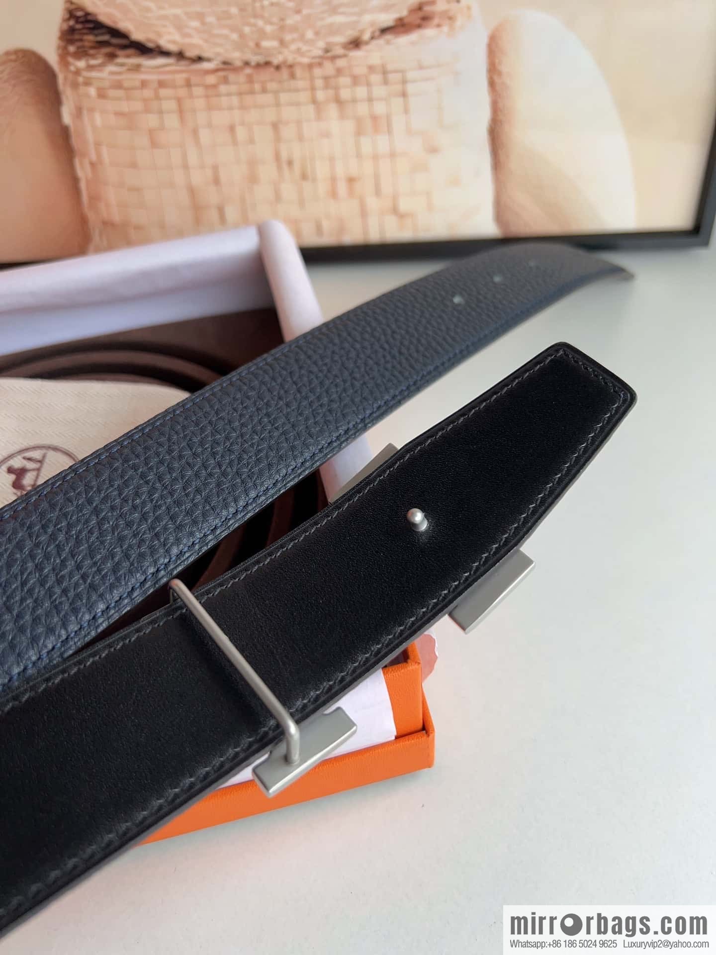 HERMES, stainless steel fiber sheet buckle, double-sided original leather lychee pattern belt 3.8cm