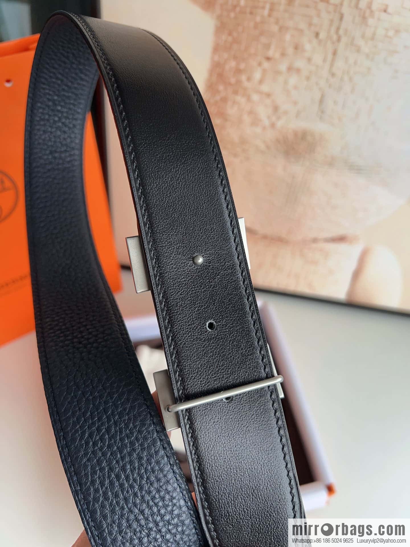 HERMES, stainless steel fiber sheet buckle, double-sided original leather lychee pattern belt 3.8cm