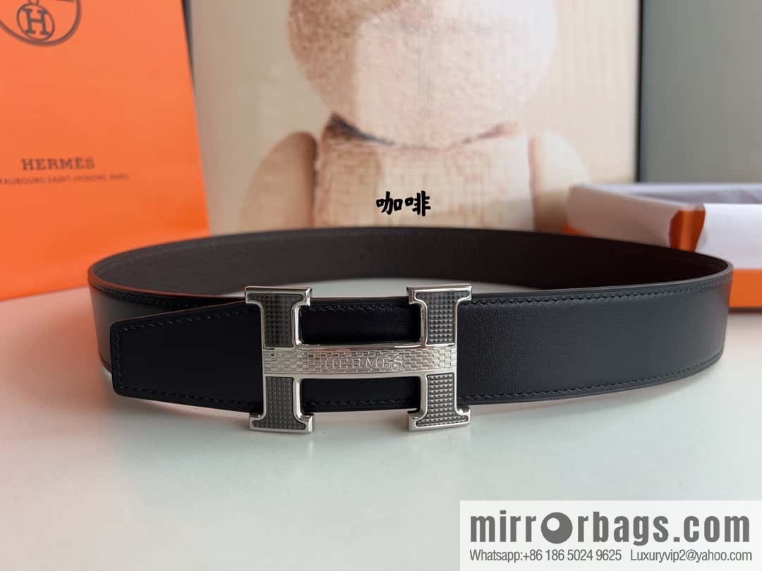 HERMES, stainless steel fiber sheet buckle, double-sided original leather lychee pattern belt 3.8cm