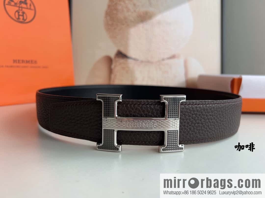 HERMES, stainless steel fiber sheet buckle, double-sided original leather lychee pattern belt 3.8cm
