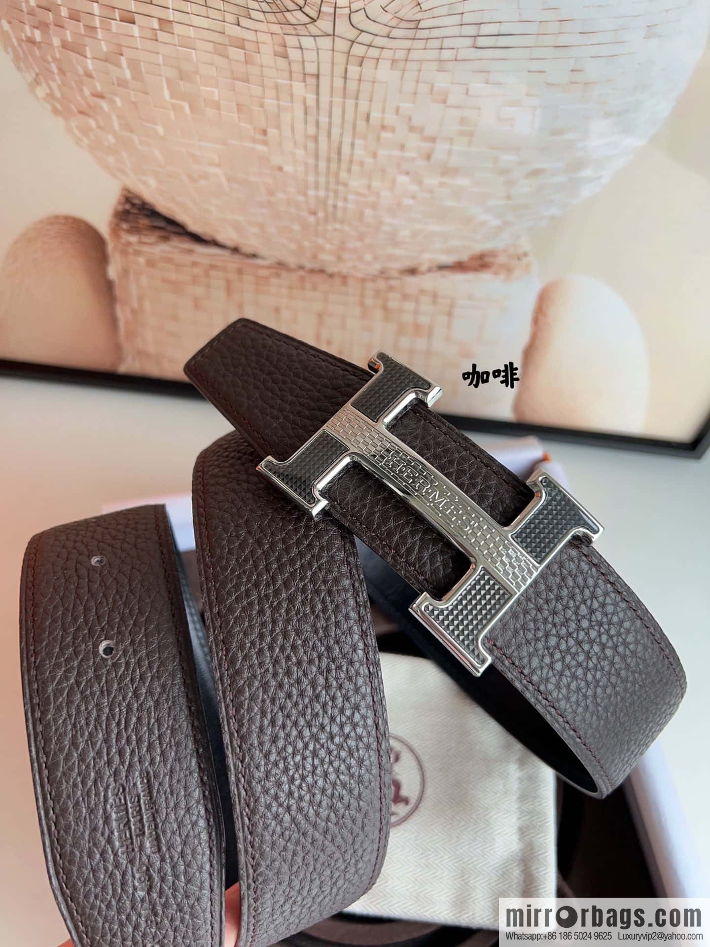 HERMES, stainless steel fiber sheet buckle, double-sided original leather lychee pattern belt 3.8cm