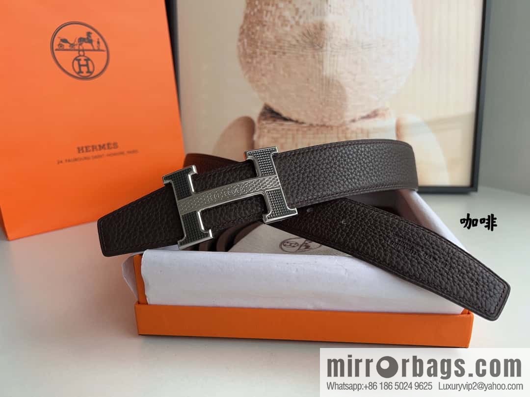 HERMES, stainless steel fiber sheet buckle, double-sided original leather lychee pattern belt 3.8cm