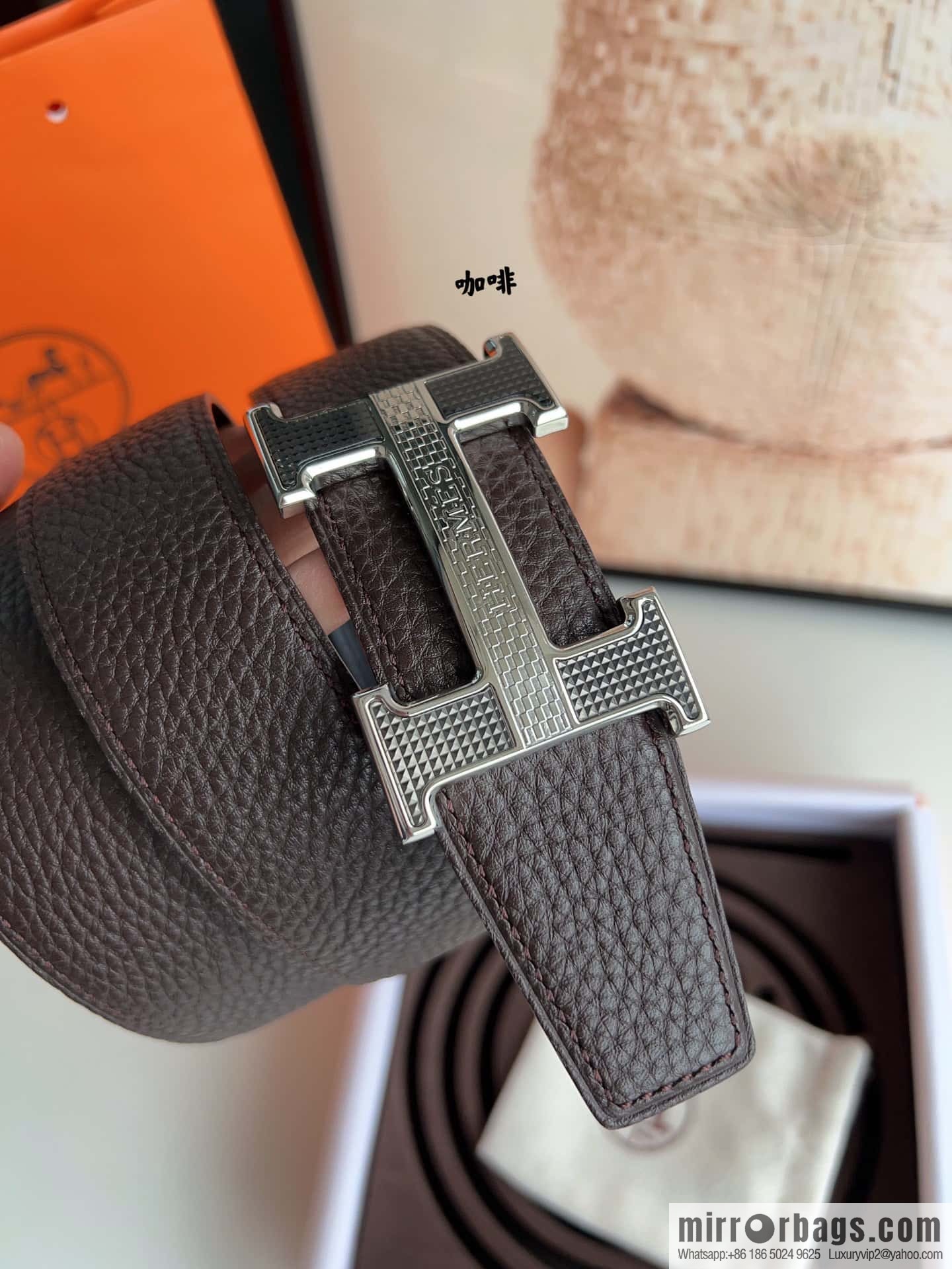 HERMES, stainless steel fiber sheet buckle, double-sided original leather lychee pattern belt 3.8cm