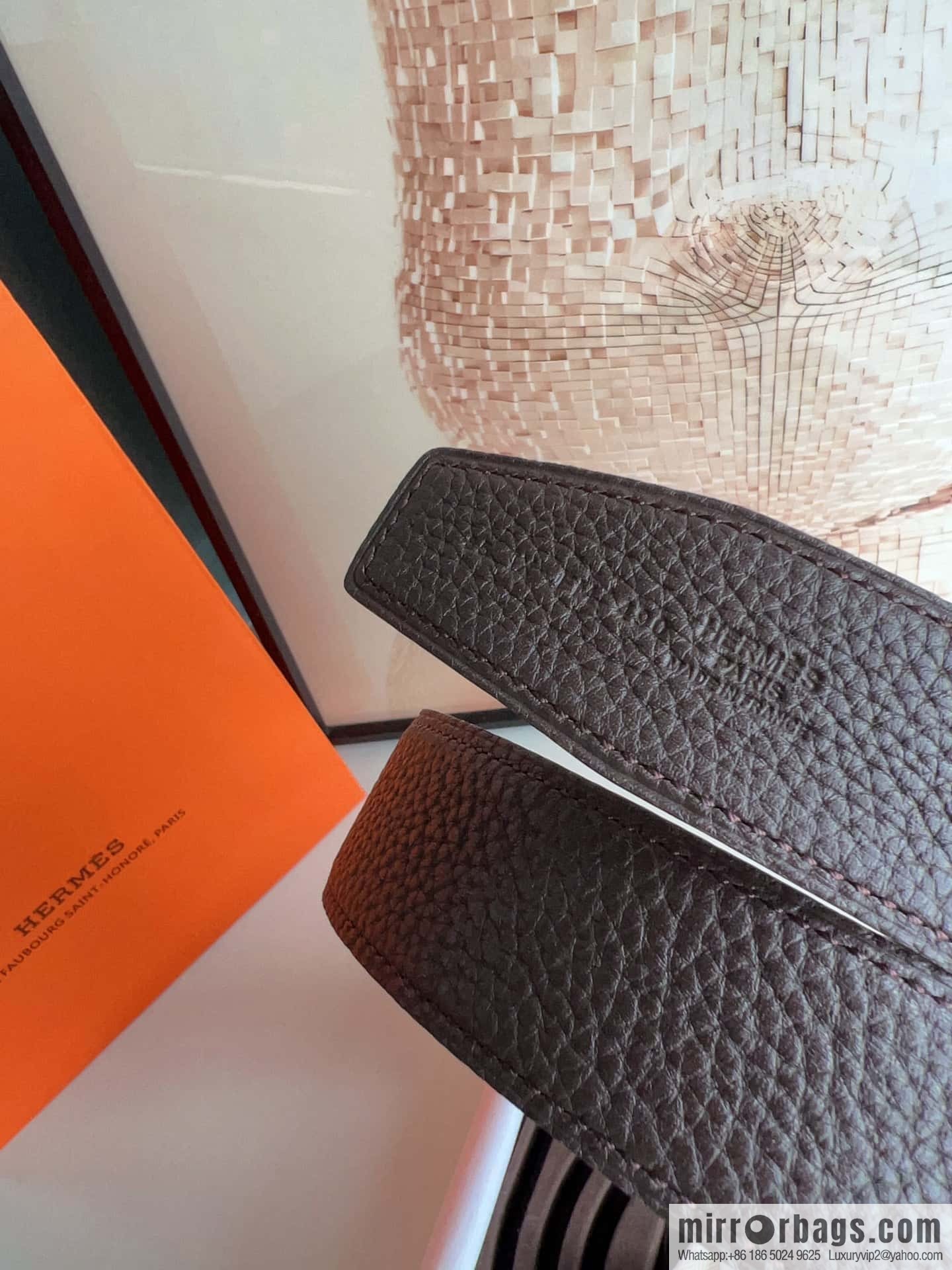 HERMES, stainless steel fiber sheet buckle, double-sided original leather lychee pattern belt 3.8cm