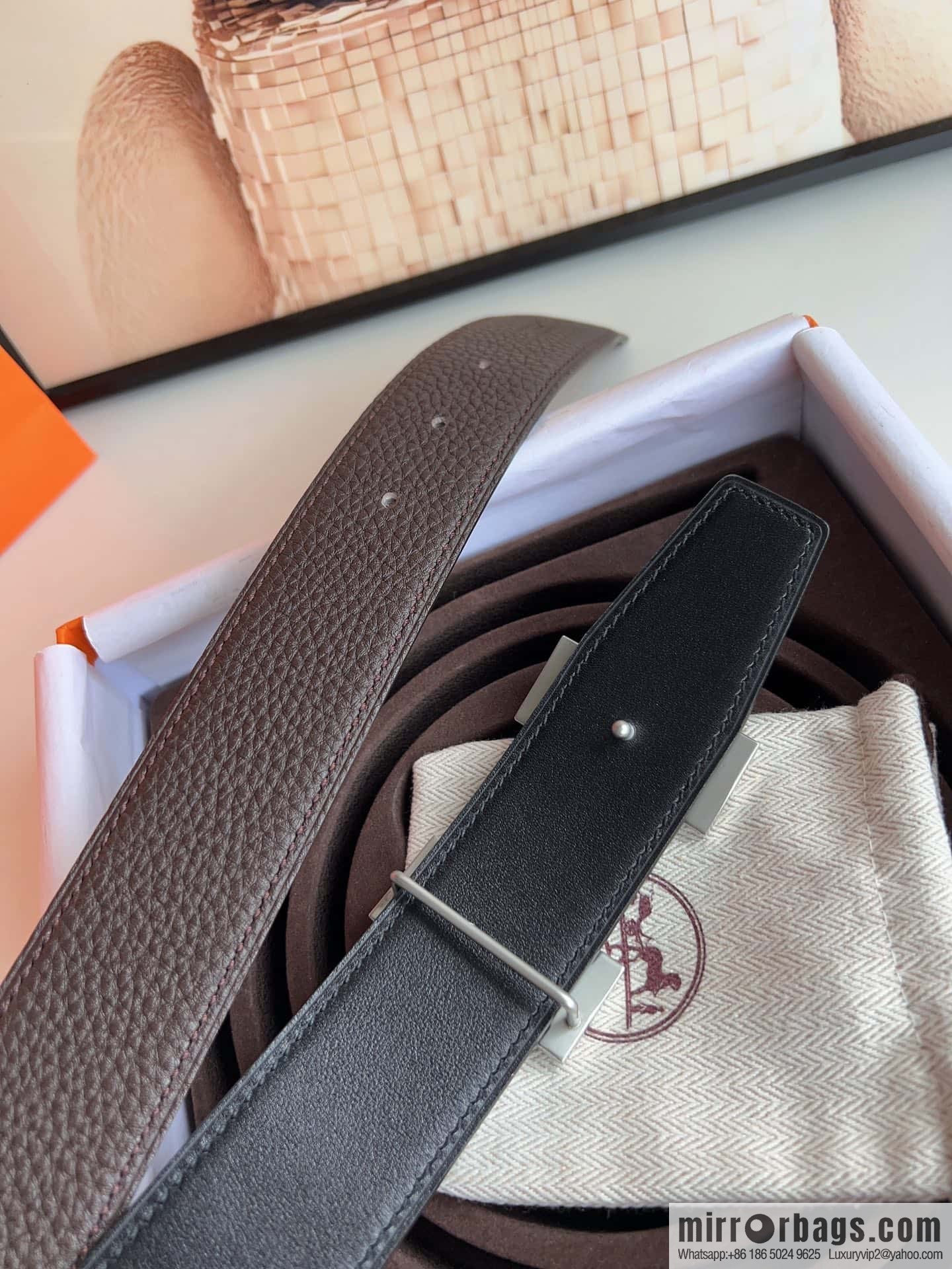 HERMES, stainless steel fiber sheet buckle, double-sided original leather lychee pattern belt 3.8cm