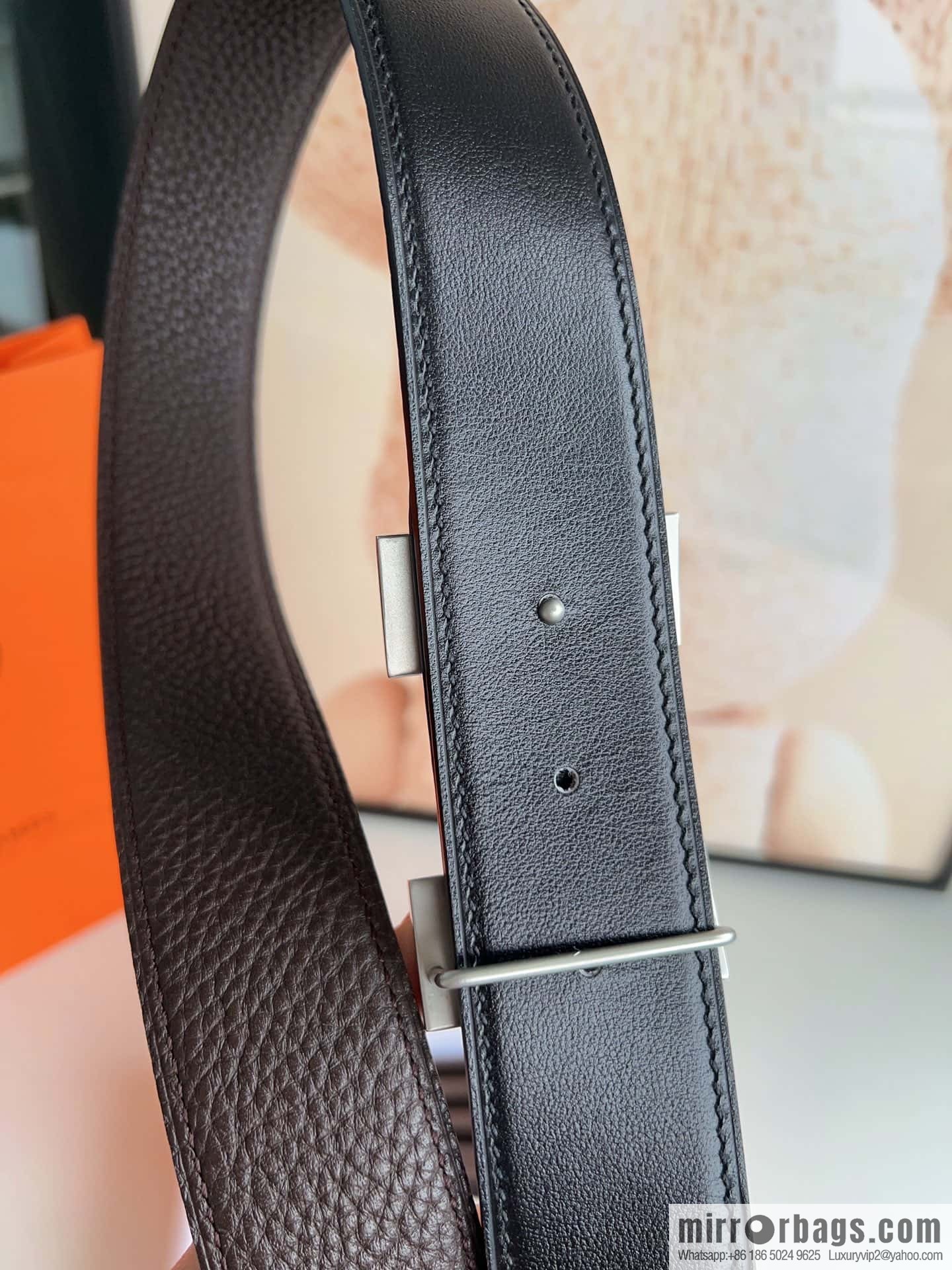 HERMES, stainless steel fiber sheet buckle, double-sided original leather lychee pattern belt 3.8cm