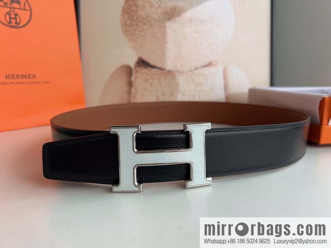 HERMES, stainless steel fiber sheet buckle, double-sided original leather lychee pattern belt 3.8cm