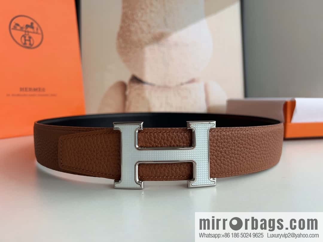 HERMES, stainless steel fiber sheet buckle, double-sided original leather lychee pattern belt 3.8cm