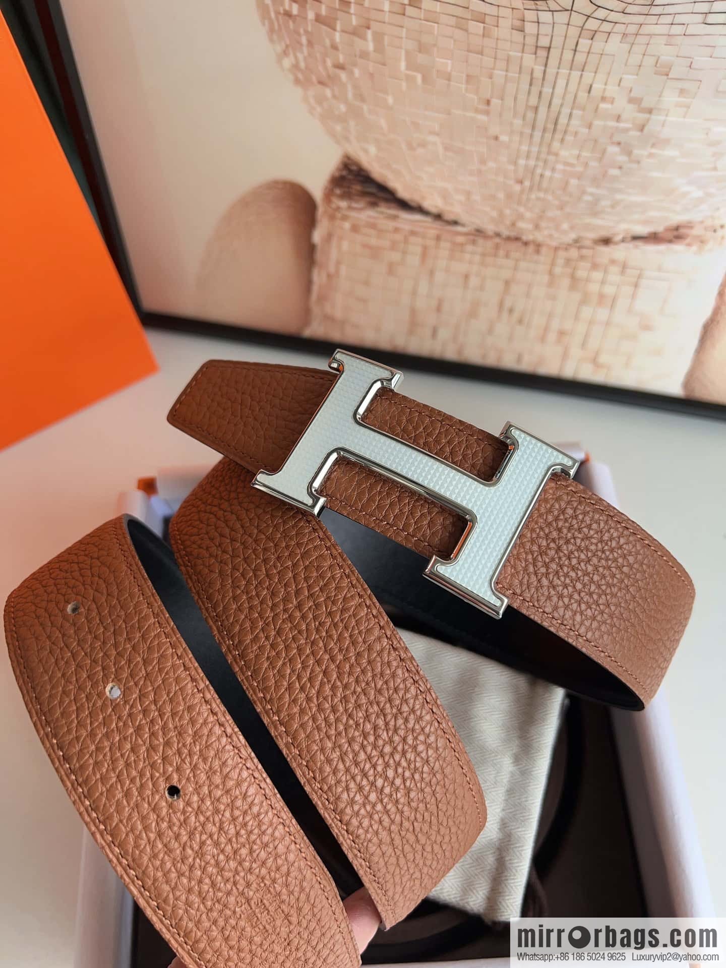 HERMES, stainless steel fiber sheet buckle, double-sided original leather lychee pattern belt 3.8cm