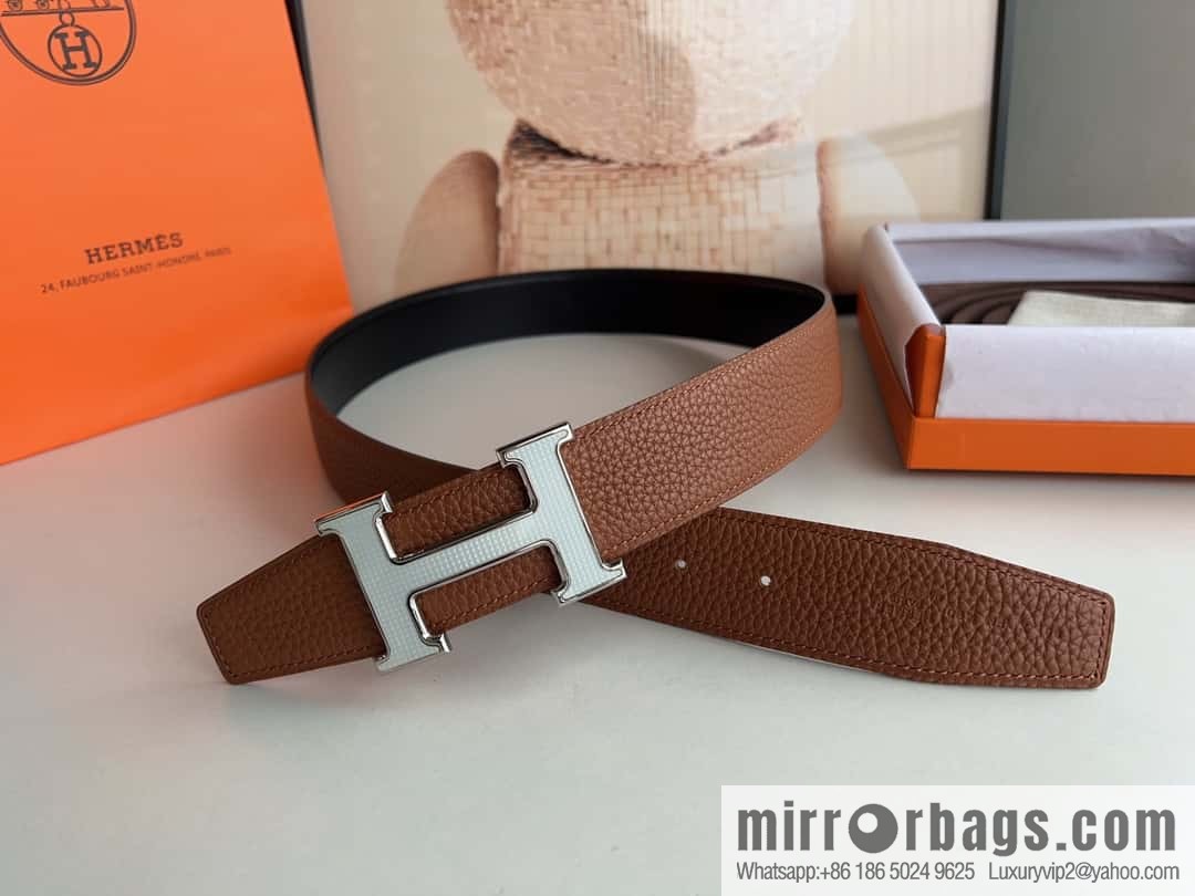 HERMES, stainless steel fiber sheet buckle, double-sided original leather lychee pattern belt 3.8cm