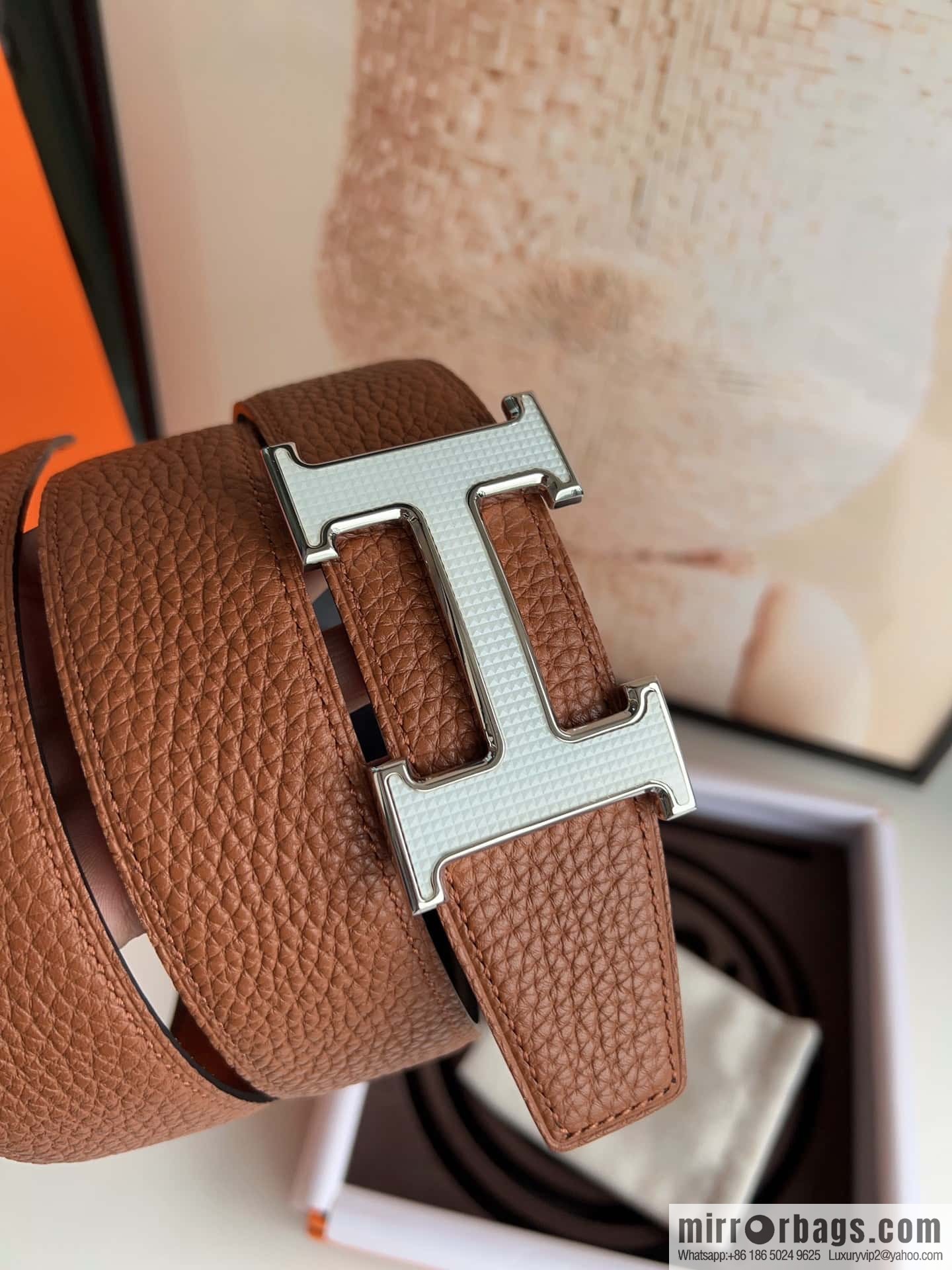 HERMES, stainless steel fiber sheet buckle, double-sided original leather lychee pattern belt 3.8cm