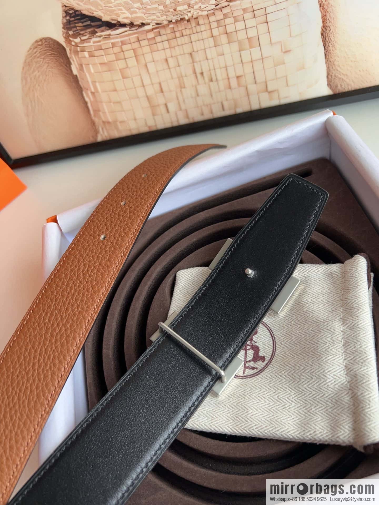 HERMES, stainless steel fiber sheet buckle, double-sided original leather lychee pattern belt 3.8cm