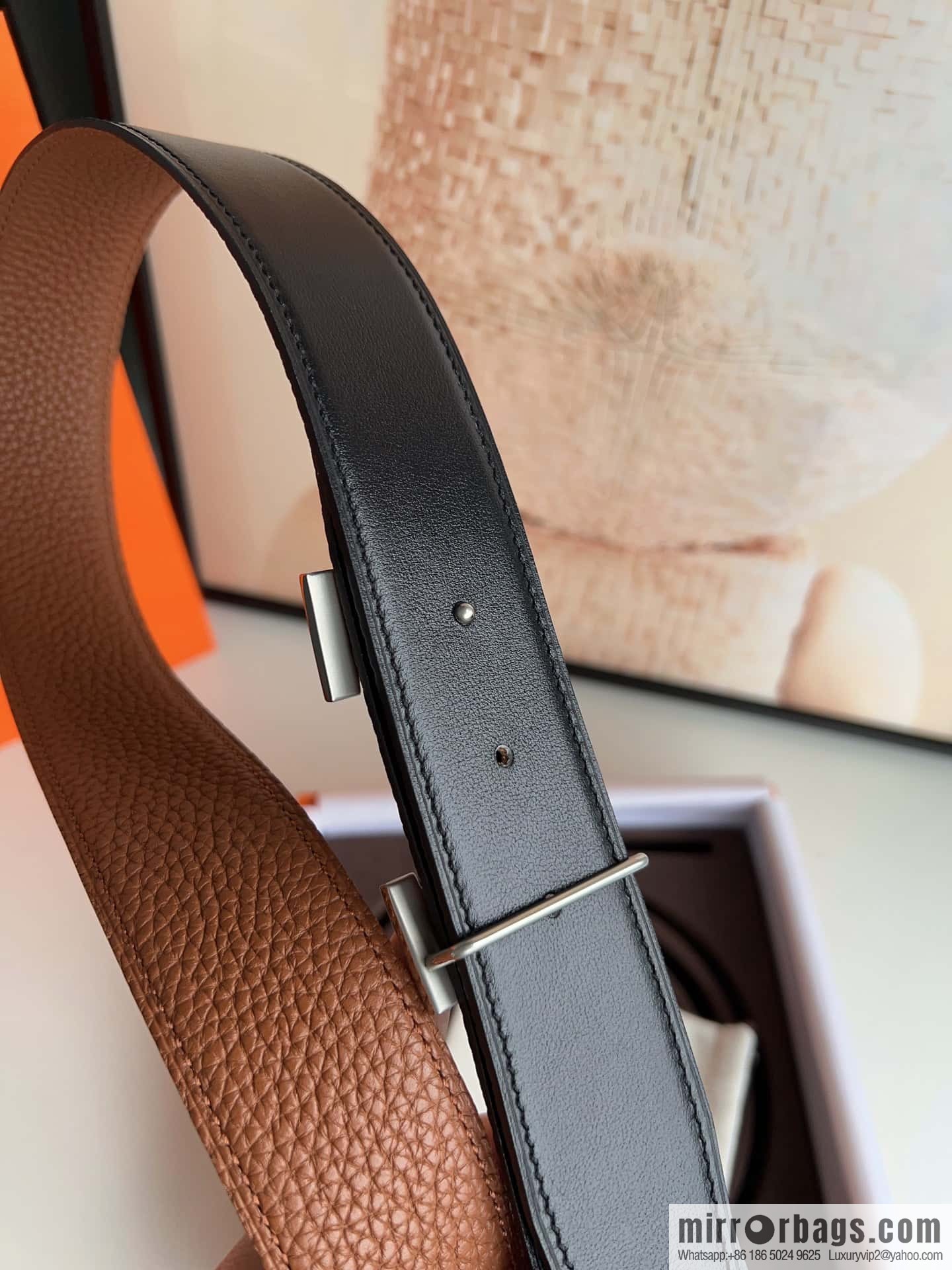 HERMES, stainless steel fiber sheet buckle, double-sided original leather lychee pattern belt 3.8cm