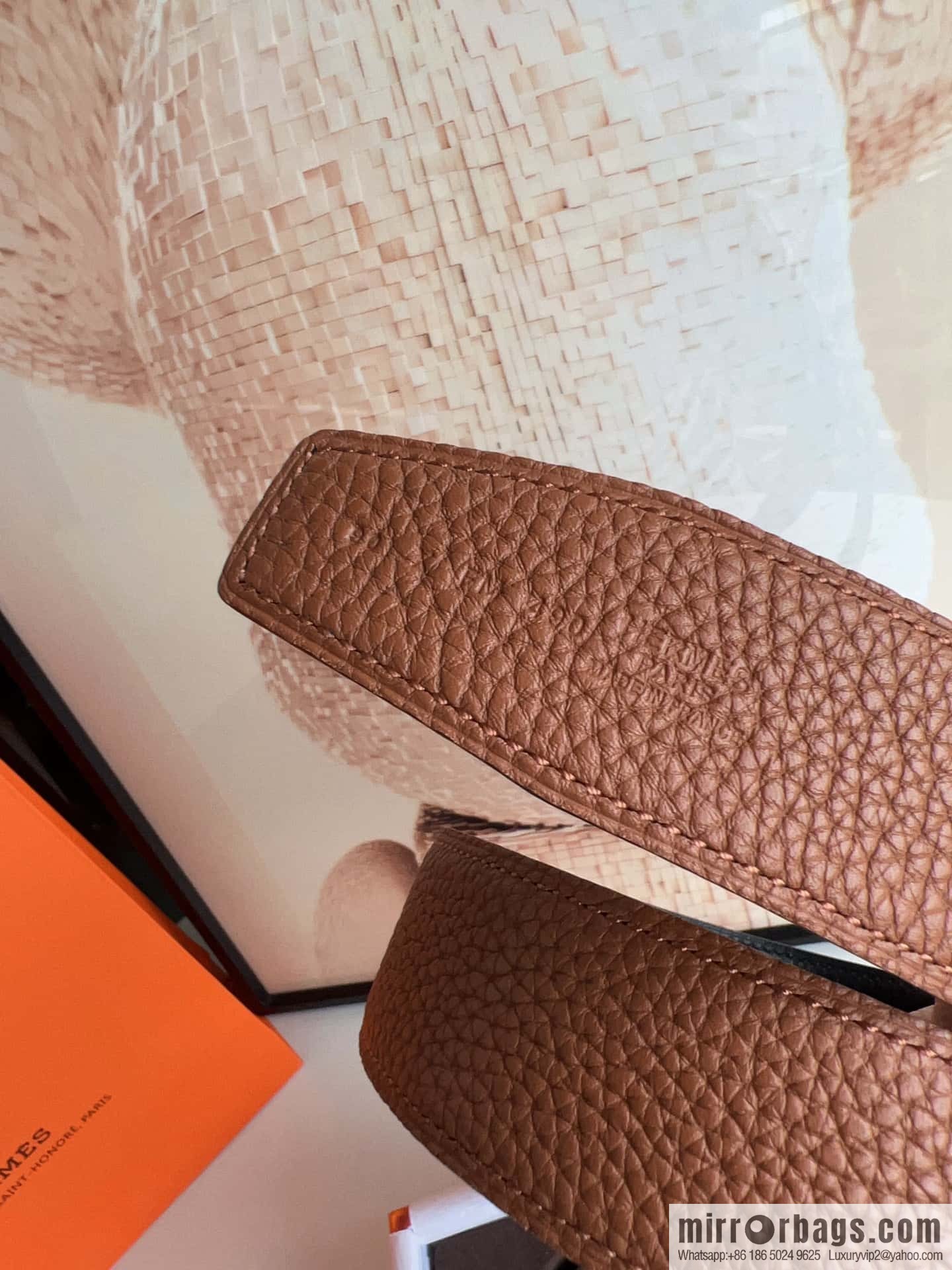 HERMES, stainless steel fiber sheet buckle, double-sided original leather lychee pattern belt 3.8cm