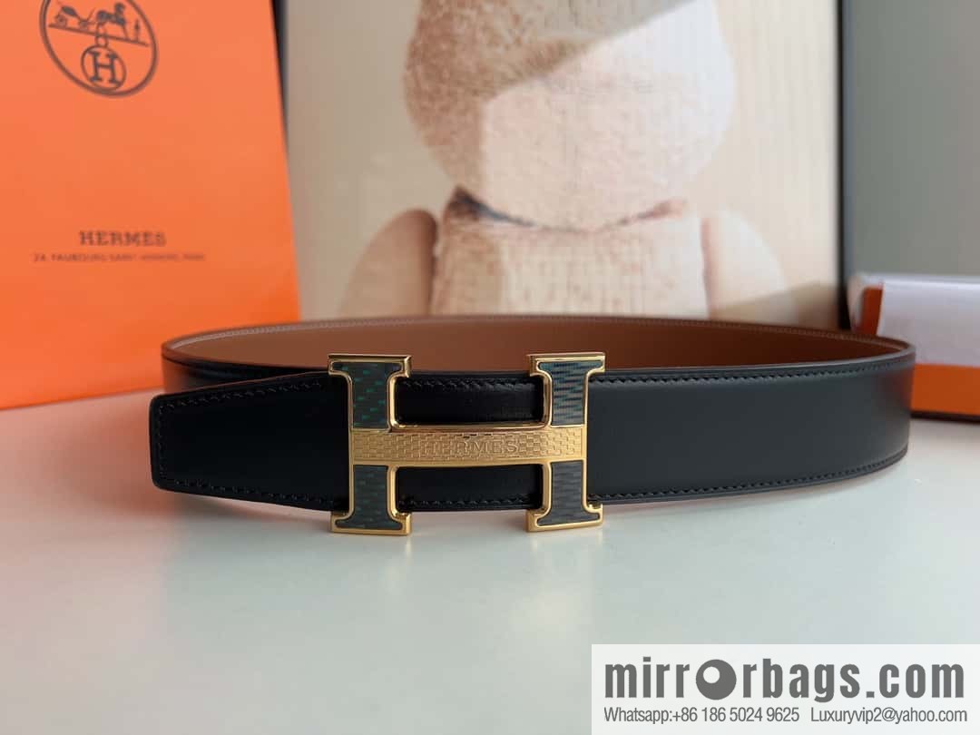 HERMES, stainless steel fiber sheet buckle, double-sided original leather lychee pattern belt 3.8cm