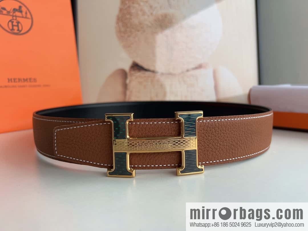 HERMES, stainless steel fiber sheet buckle, double-sided original leather lychee pattern belt 3.8cm